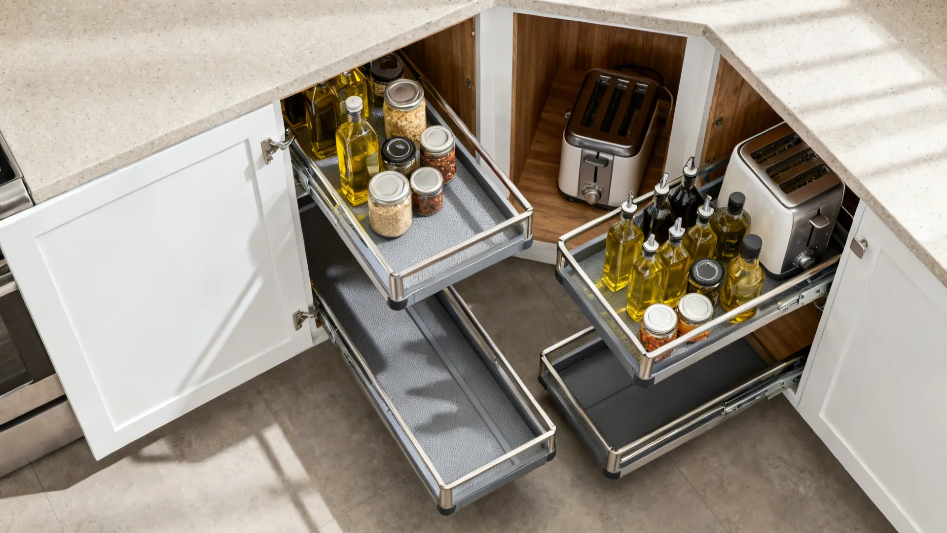 Top-down view of a blind-corner cabinet with a two-stage pull-out system extending forward.