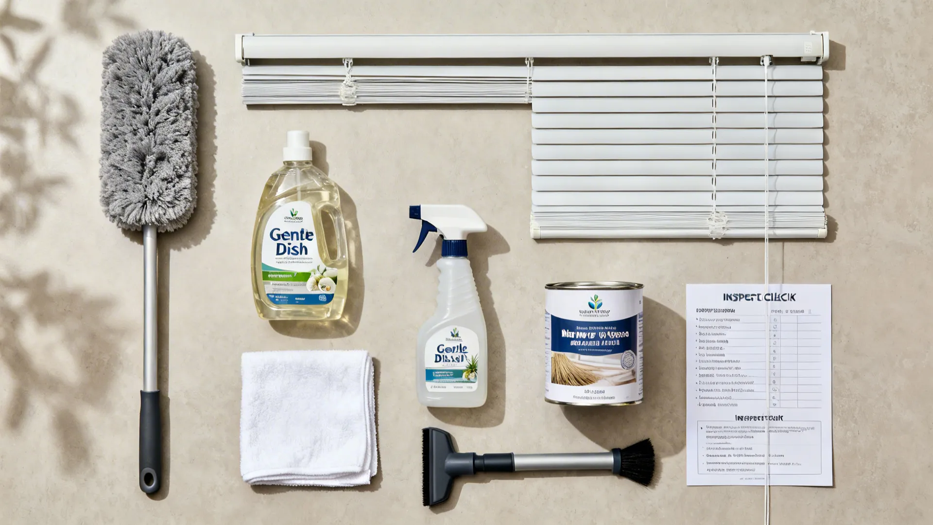 Top-down maintenance tools for kitchen blinds including microfiber wand and mild cleaners.