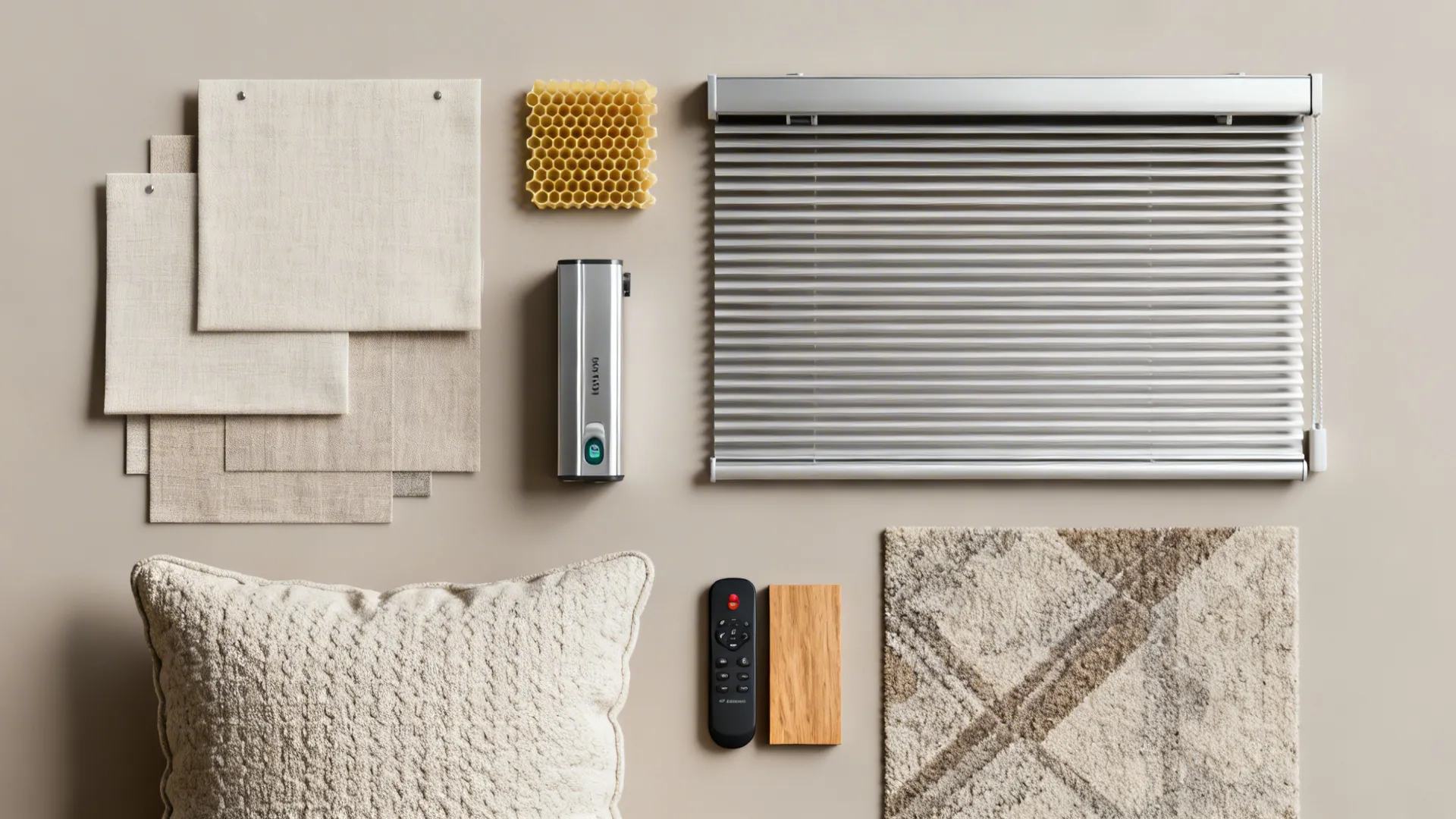 Flatlay of blind material samples including fabrics, cellular sample, aluminum slat and remote