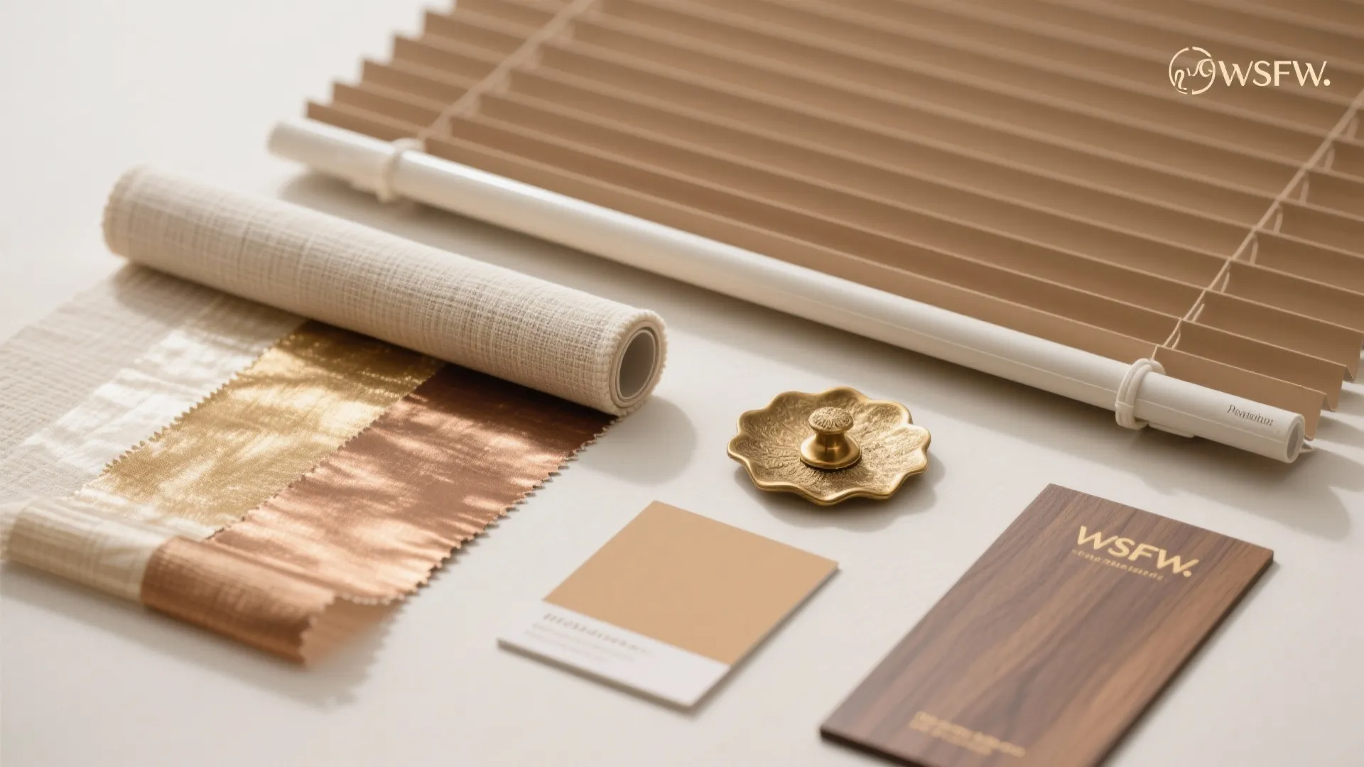 Flatlay of linen roller blind and metallic sheer fabric swatches with brass and warm neutral chips.