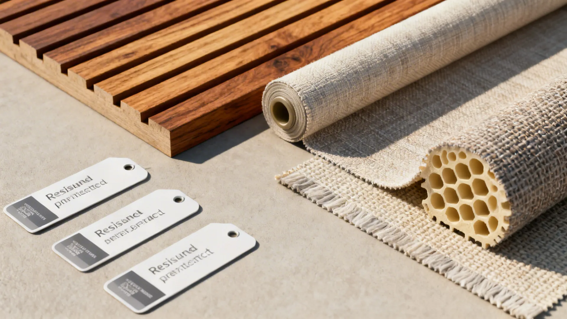 Flatlay of blind material samples including faux-wood, wood, roller and cellular fabrics