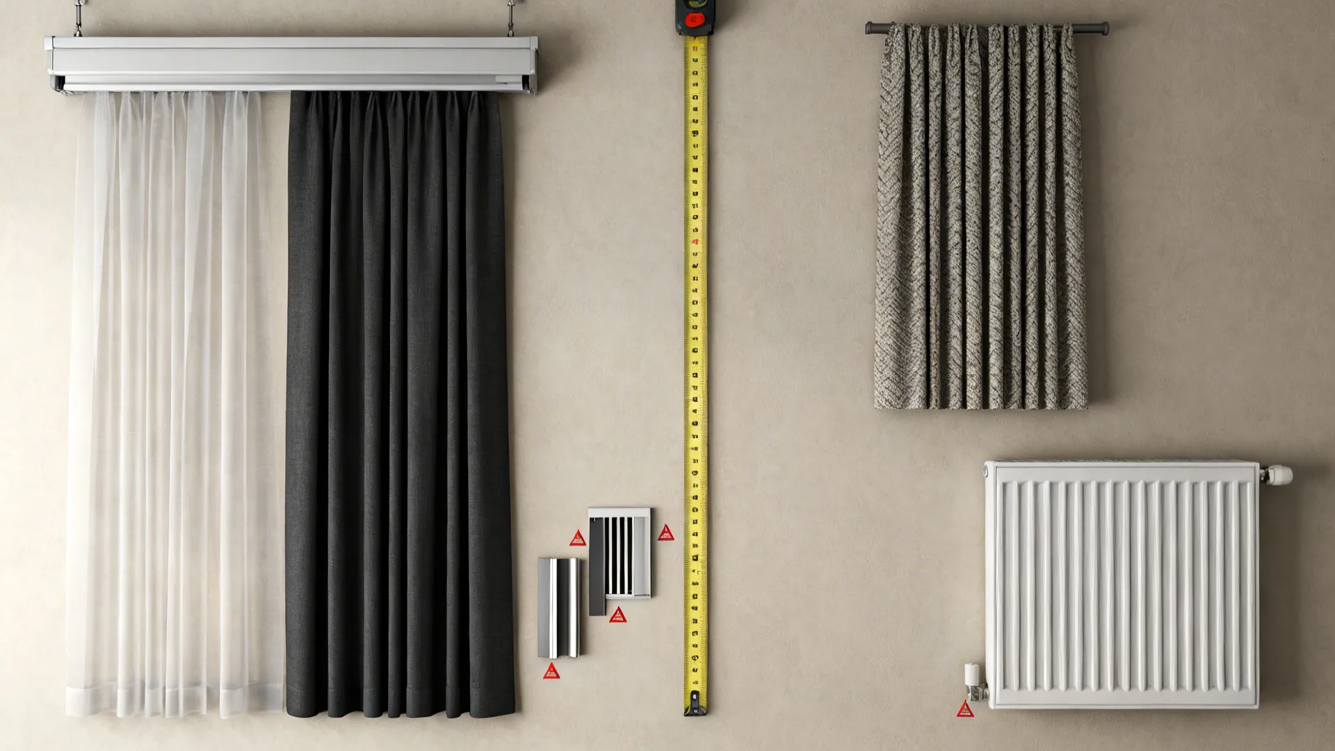 Flatlay of fabric swatches, measuring tape and headrail samples for planning window treatments