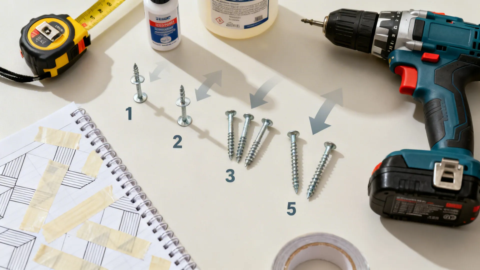 Top-down sequence of tools from measuring to install for DIY blinds.
