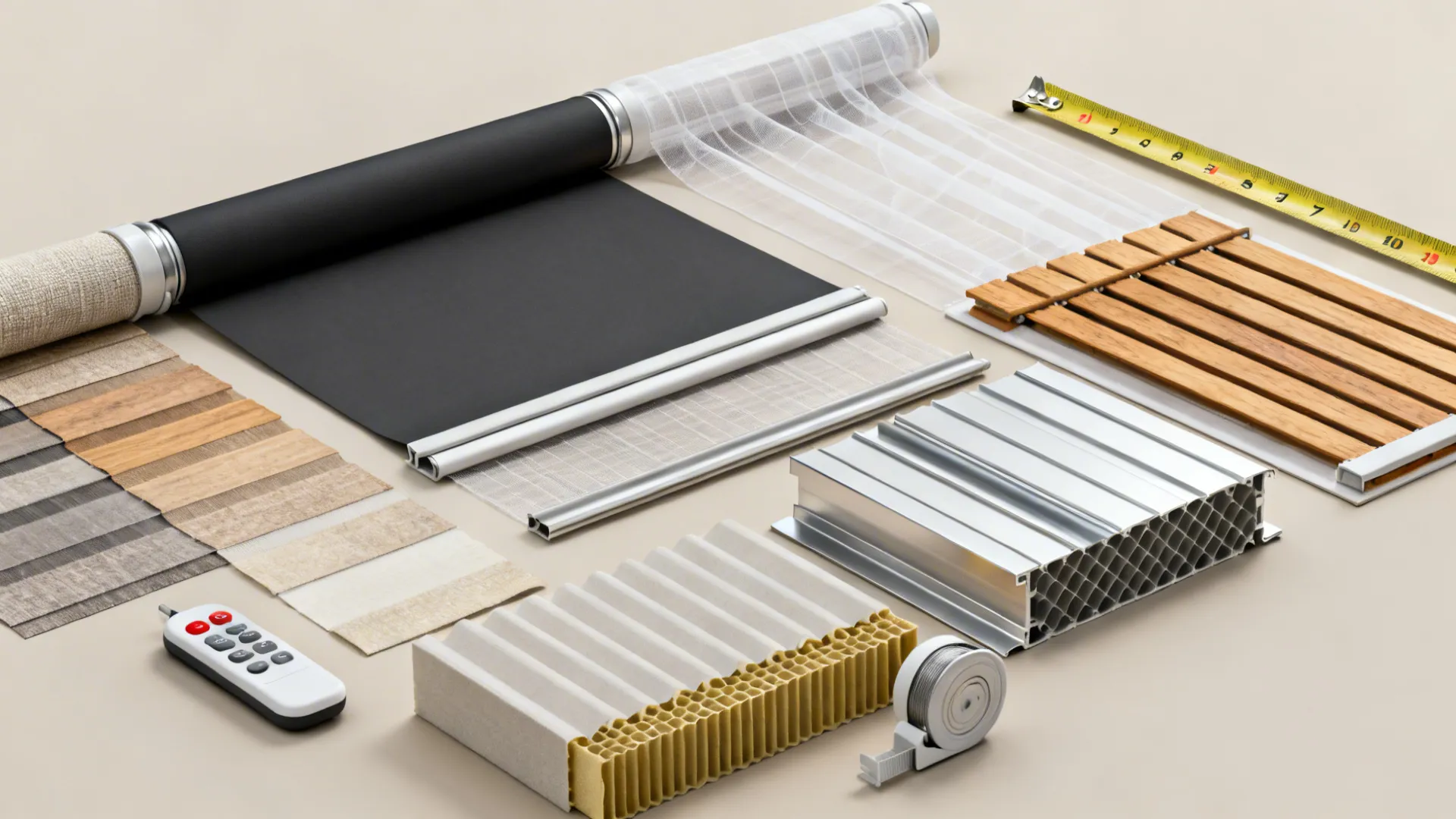 Flatlay of blind fabric swatches, slat samples, tape measure and motor remote