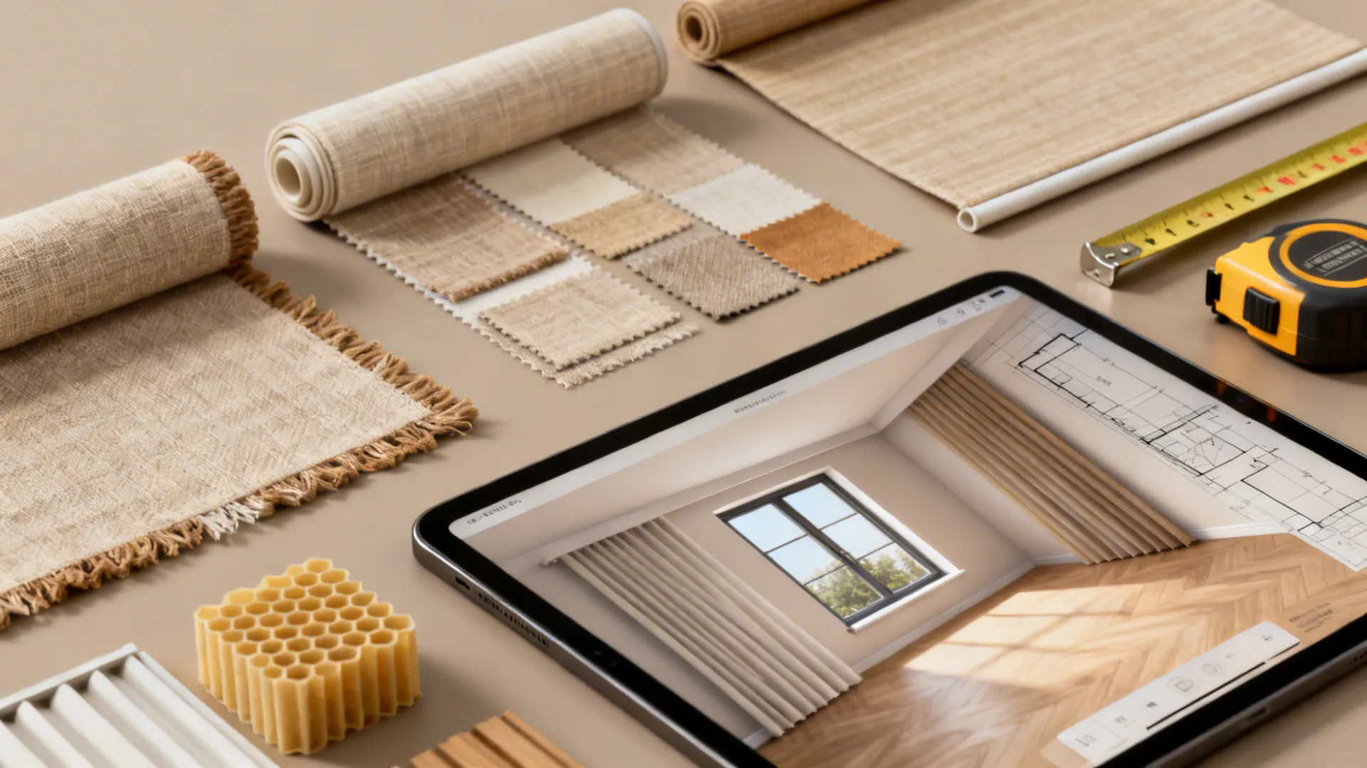 Flatlay of blind fabric samples, cellular sample, tape measure and tablet floor planner.