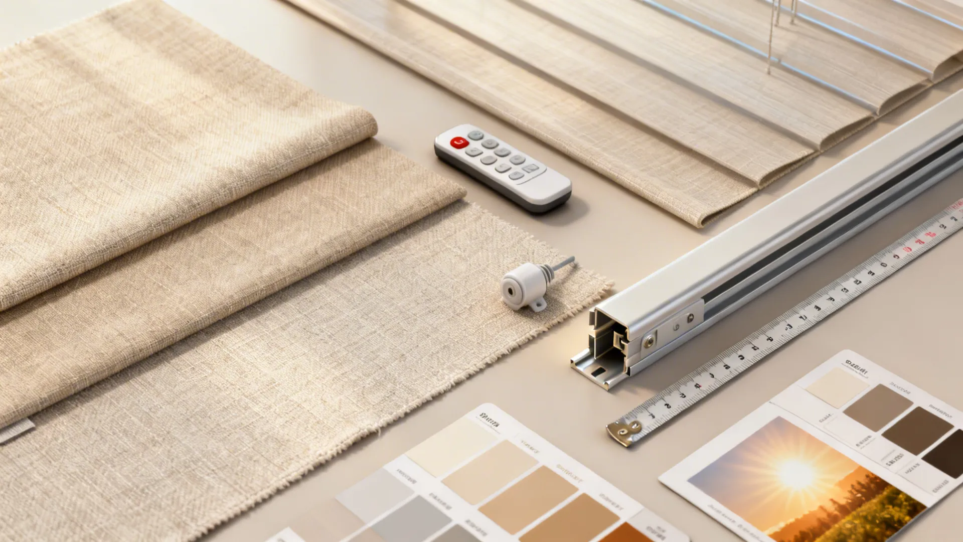 Flatlay of blind fabric samples, swatches, remote and track profile for large windows