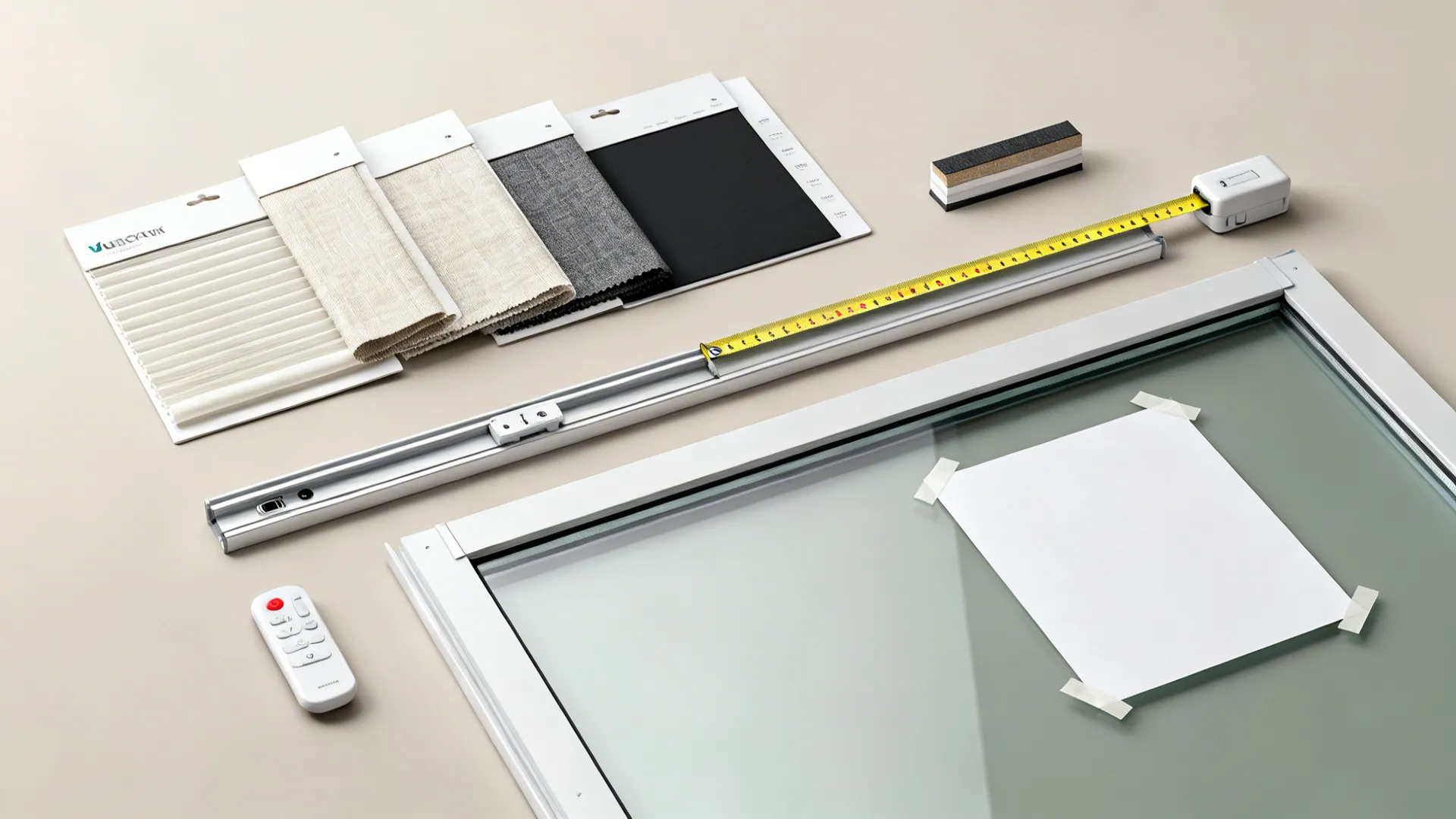 Top-down flatlay of blind fabric swatches, track sample, remote and measuring tools for mockups.