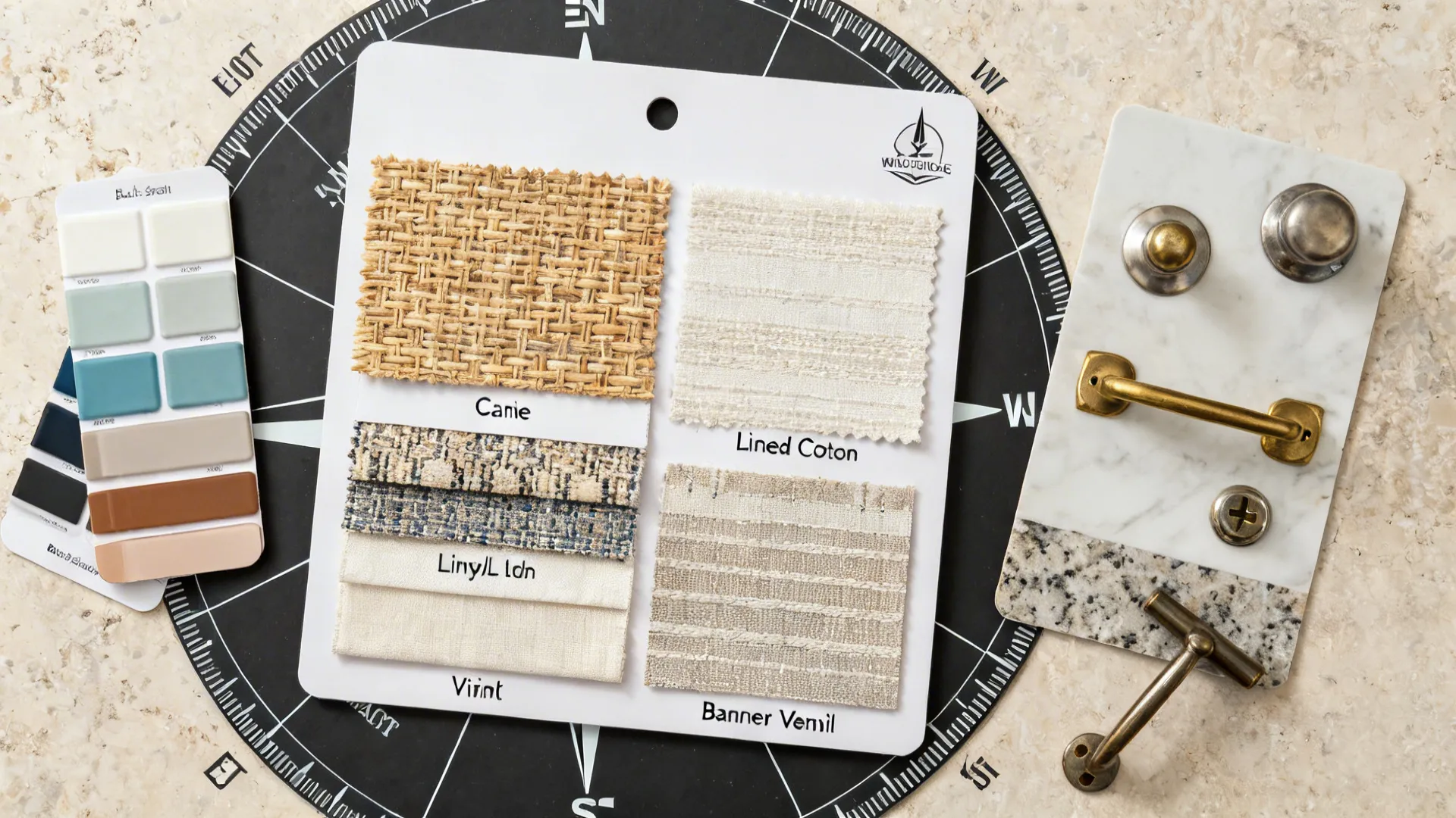 Top-down material swatches for blinds with compass cues for window orientation.