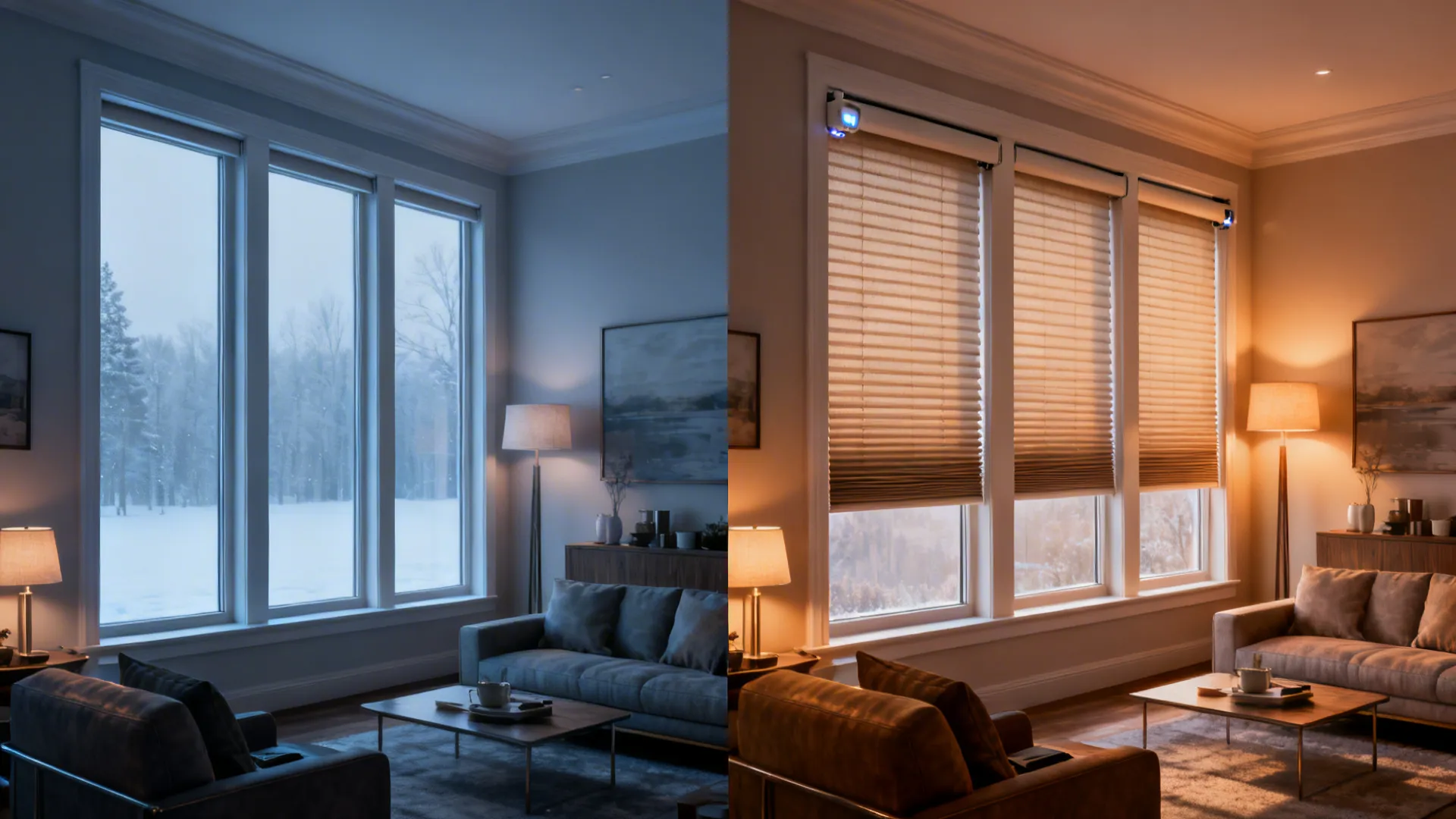 Before-and-after of a room showing improved comfort and insulation after installing pleated shades and motorized blinds