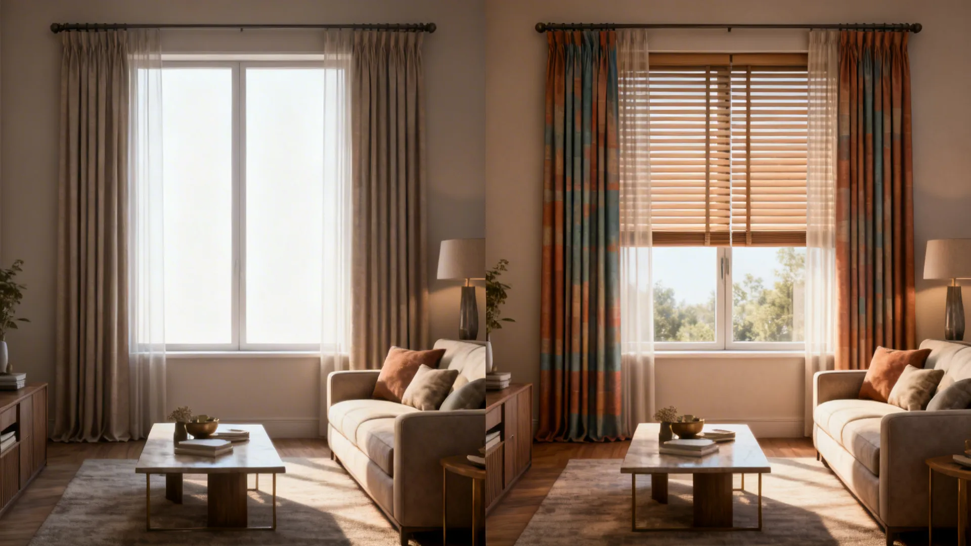 Before-and-after living room showing the impact of properly scaled window treatments on balance and mood.