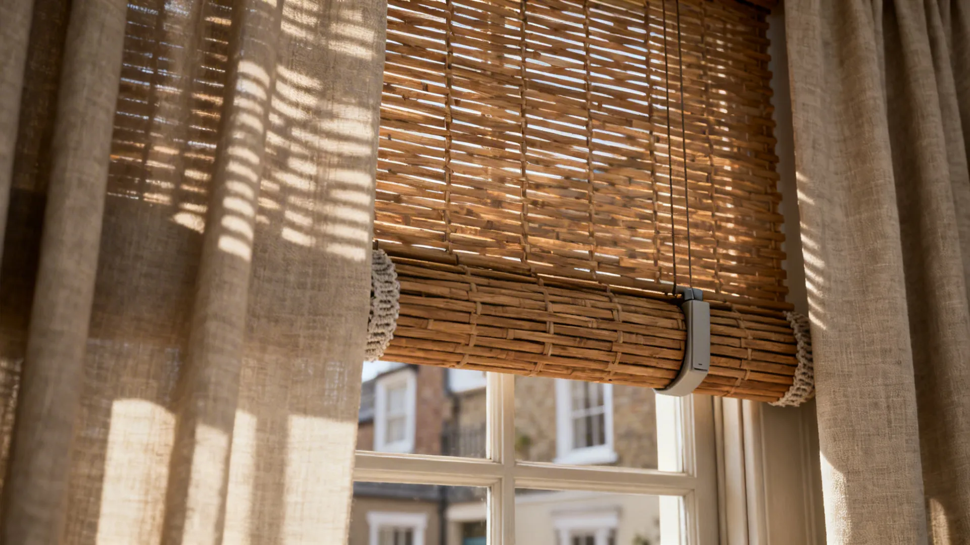 Woven wood blind behind soft linen drape showing layered textures and filtered morning light.