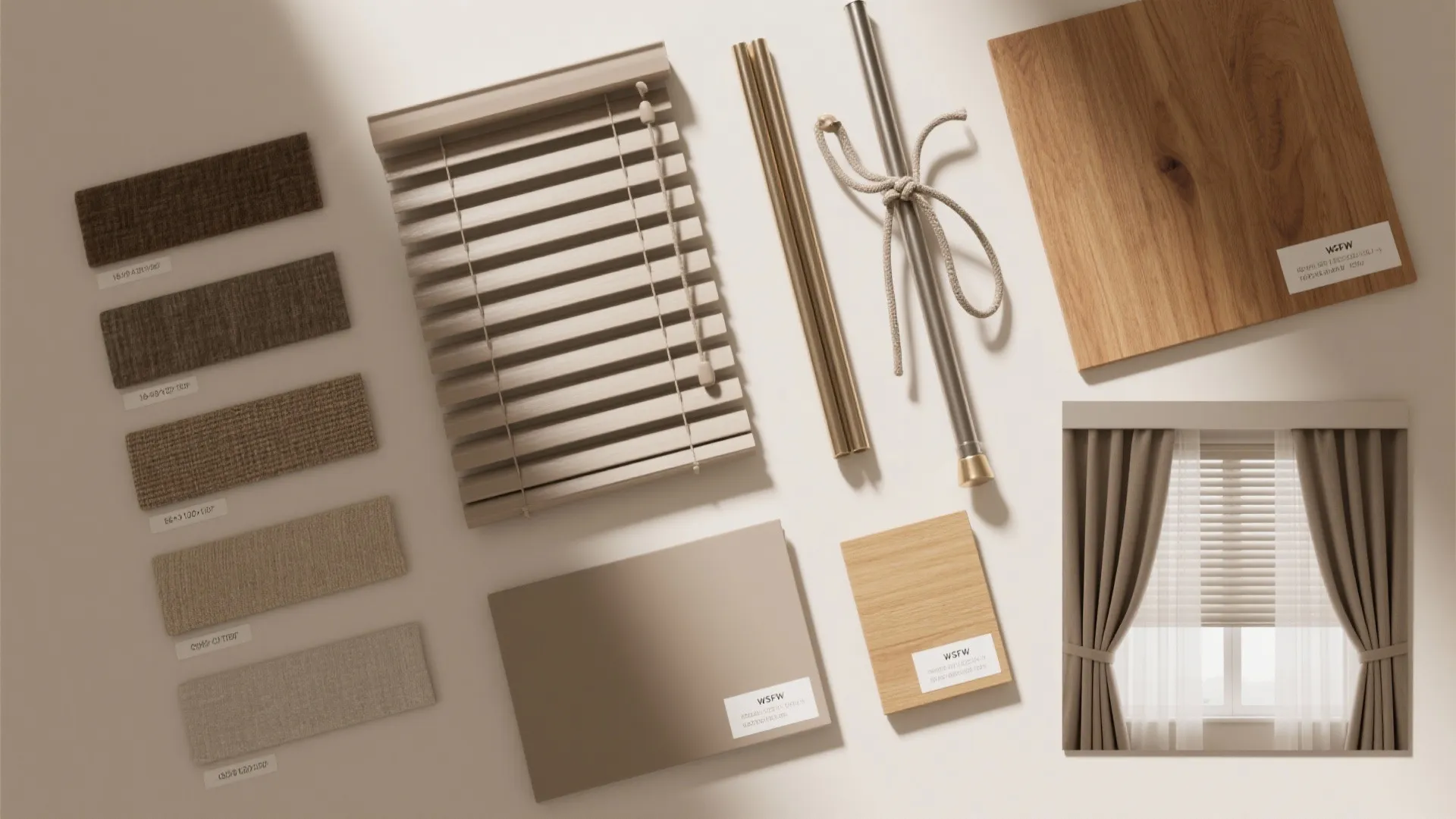 Flatlay of blind slat samples, drapery fabric swatches, and hardware finishes for layered window treatments.