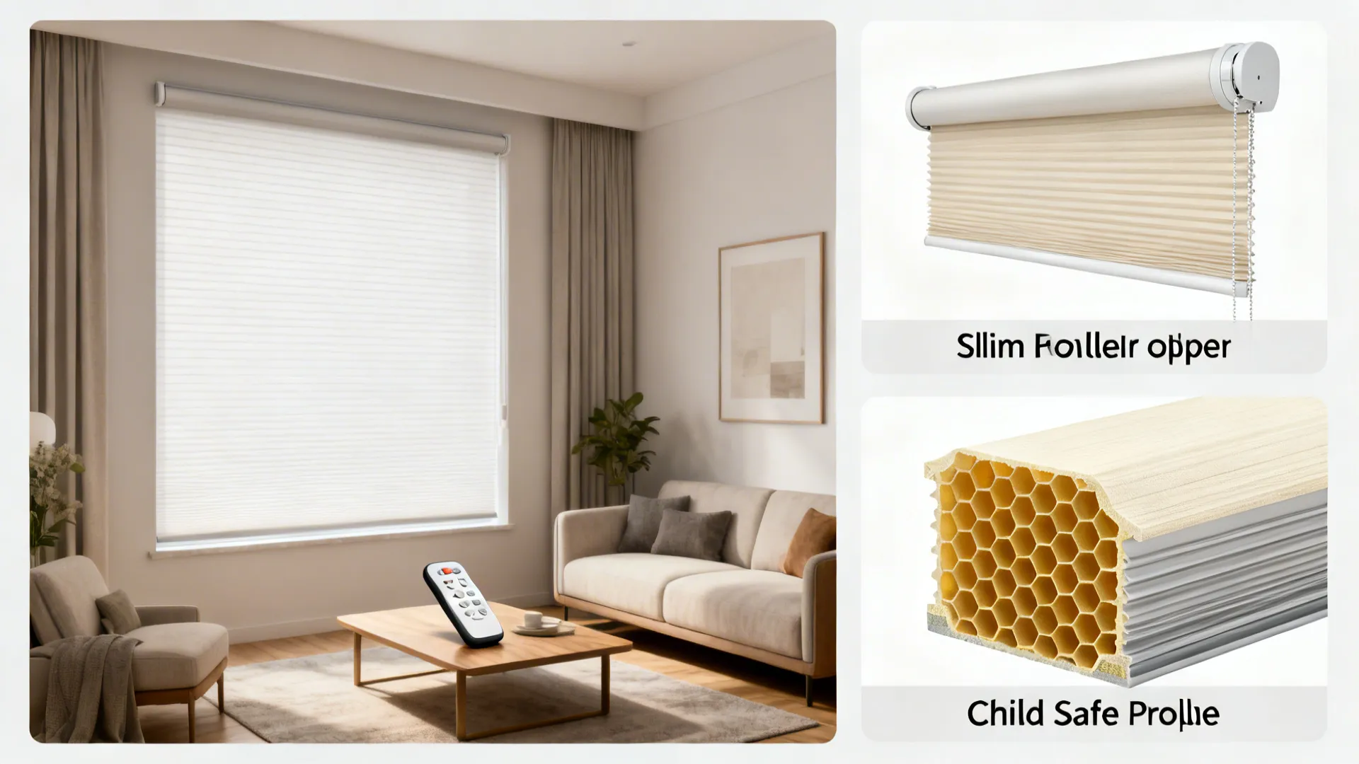 Living room window with white blinds remote control on table and child safe honeycomb blind