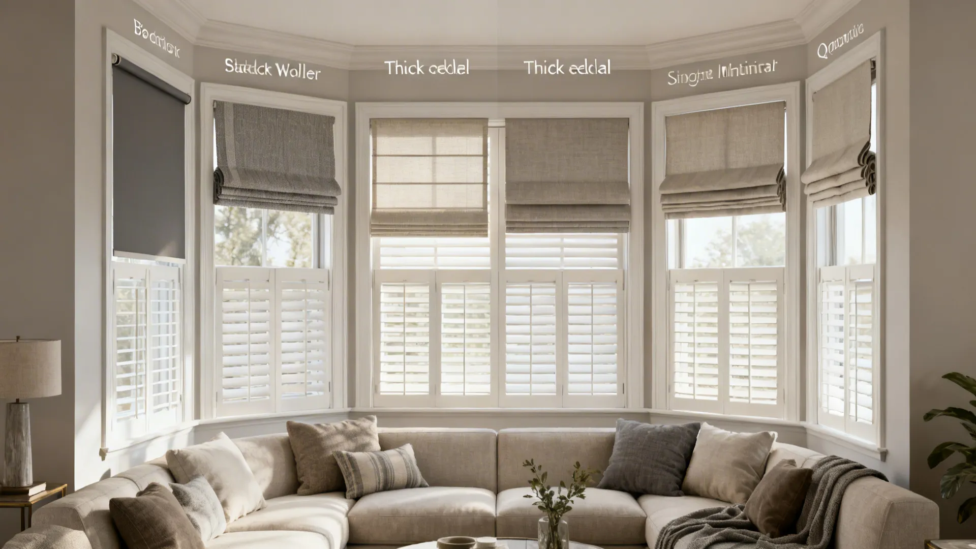 Overview of blind styles for FAQ: blackout roller, cellular, shutters, and roman shades in a bay window.