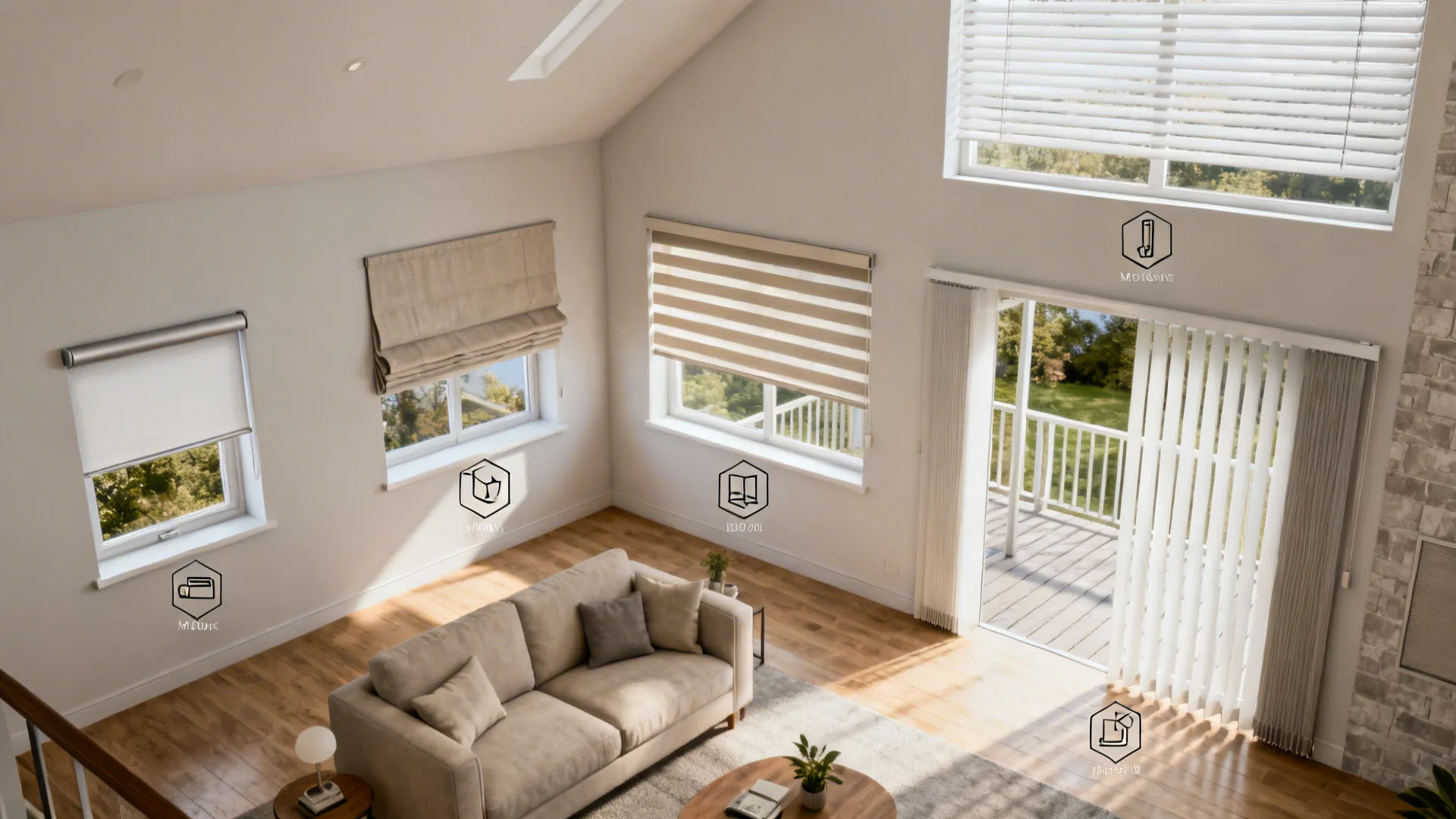 Top-down living room mockup showing blind types and their recommended placements