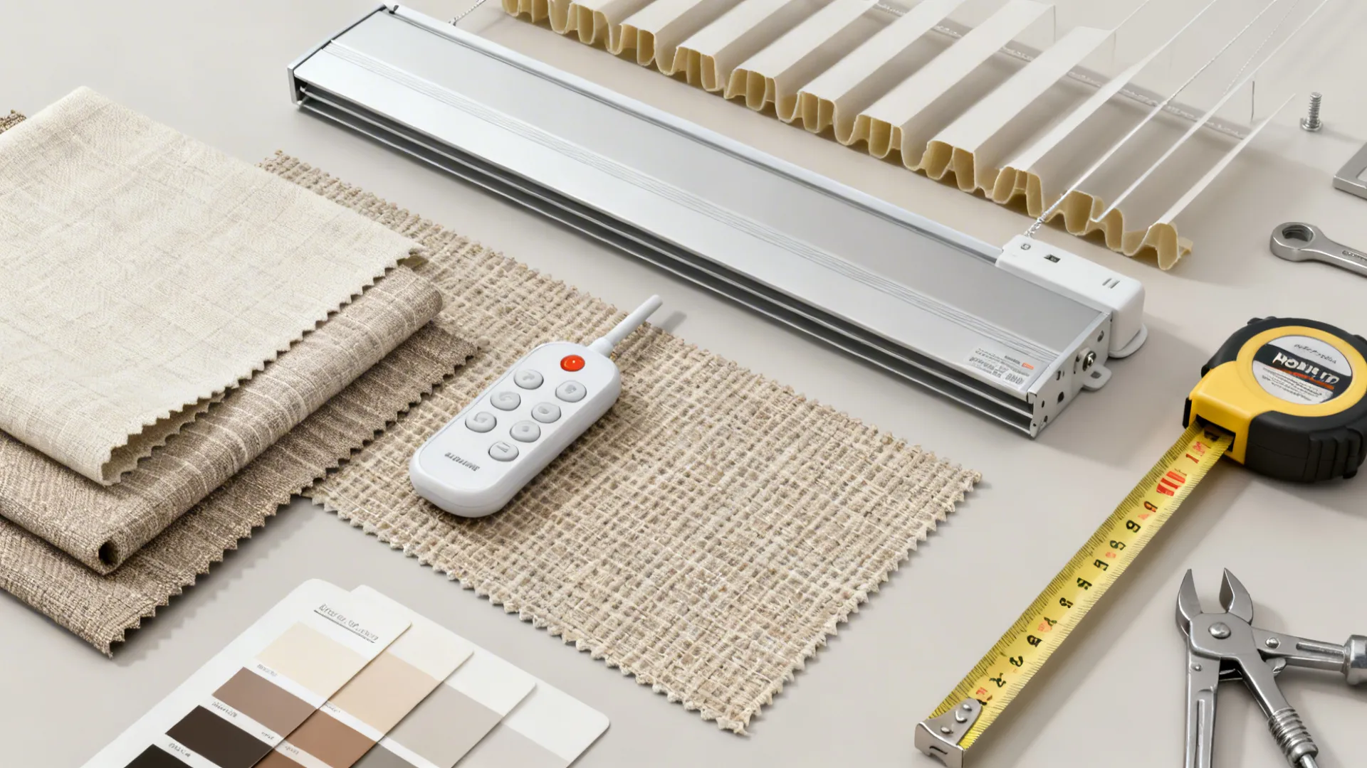 Flatlay of fabric swatches, aluminum slat, remote control and color chips for window treatment selection