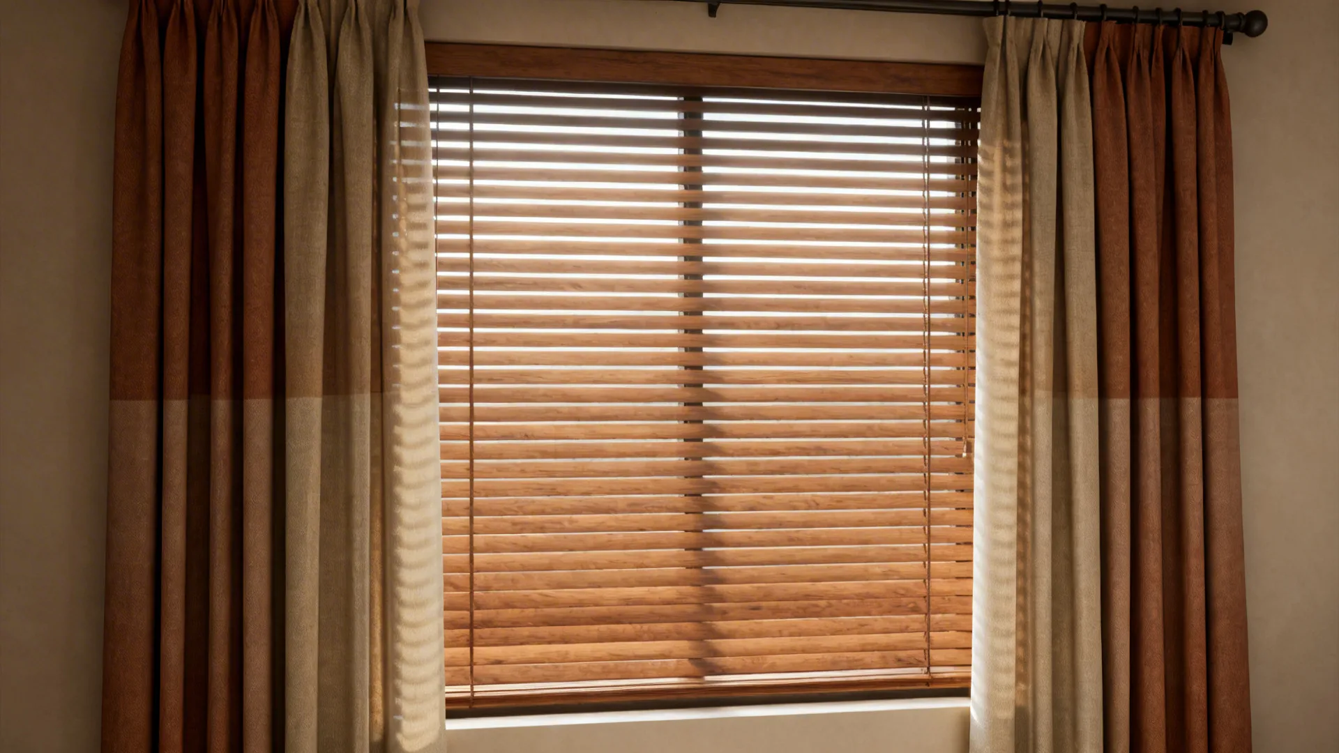 Living room with wooden blinds combined with side drapery panels