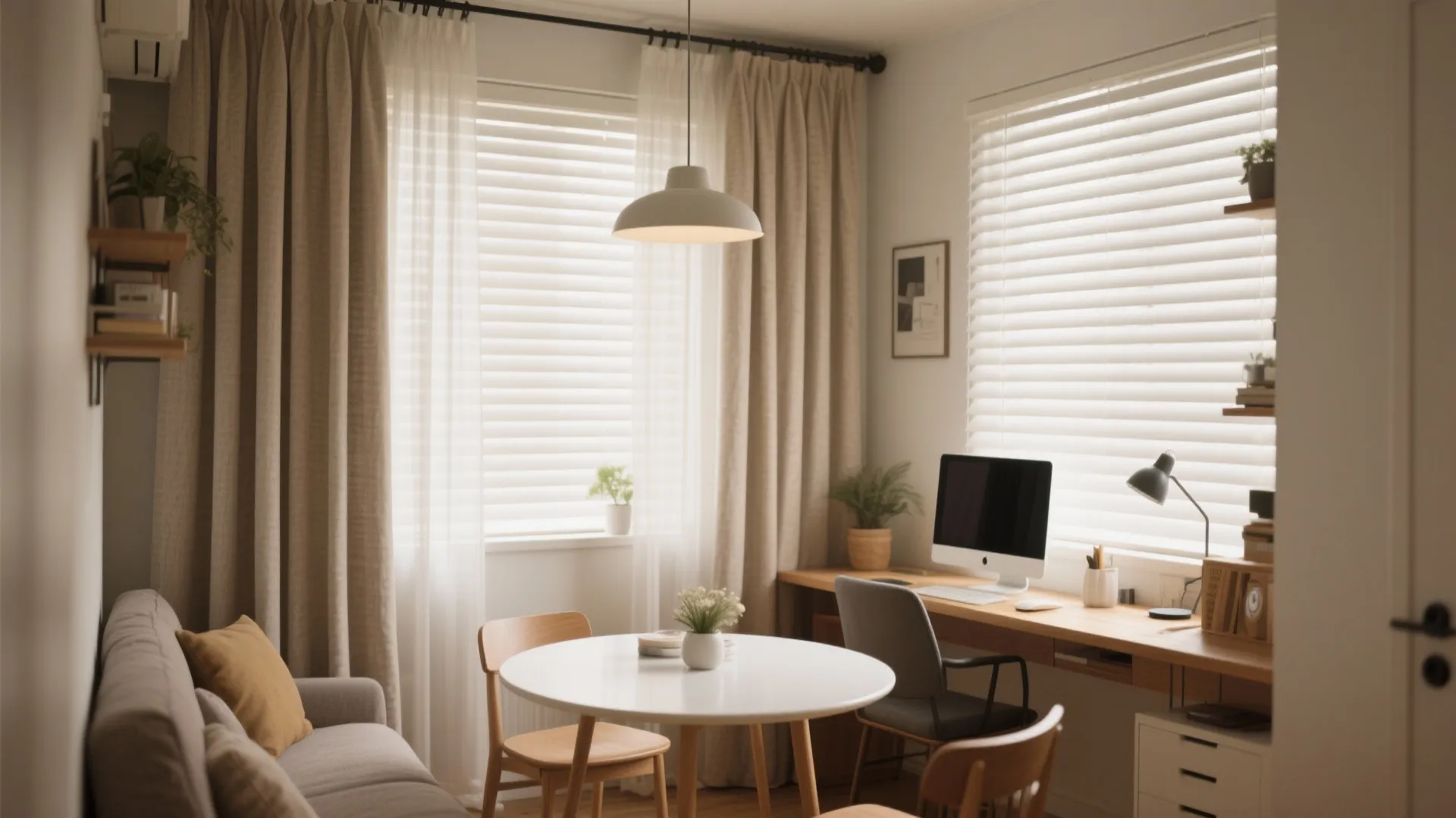 Light-filtering blinds with fabric drapes in small dining area