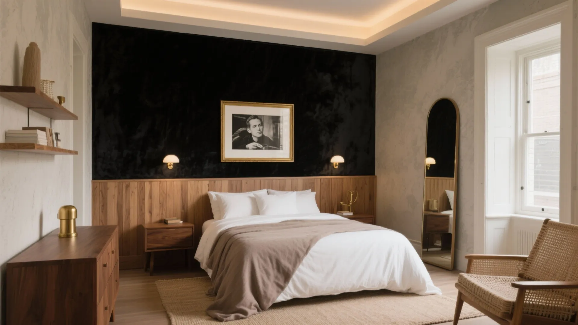Modern bedroom with black wall wood wall panel white bed framed art mirror and chair