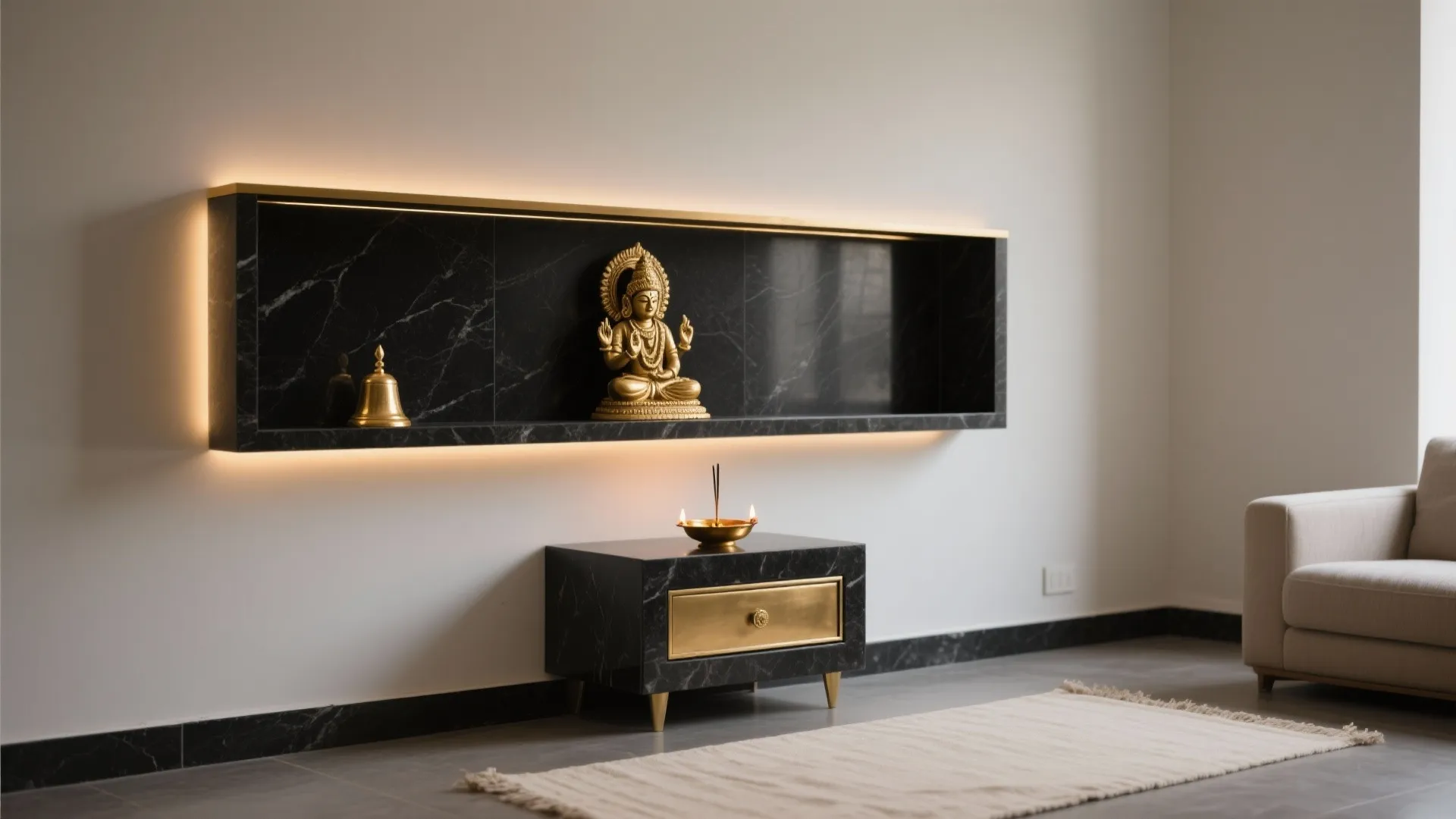Minimalist home interior with black marble wall shelf golden statue and small cabinet on grey floor