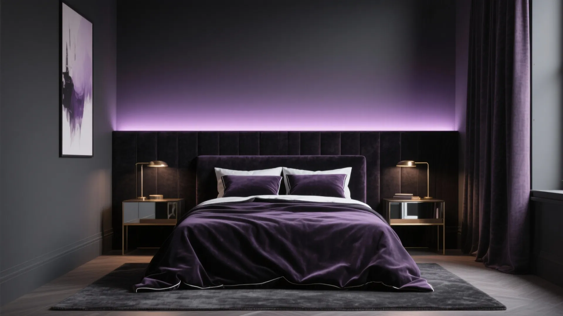 Modern bedroom with purple velvet bed, purple curtains, two bedside lamps, and purple wall backlighting