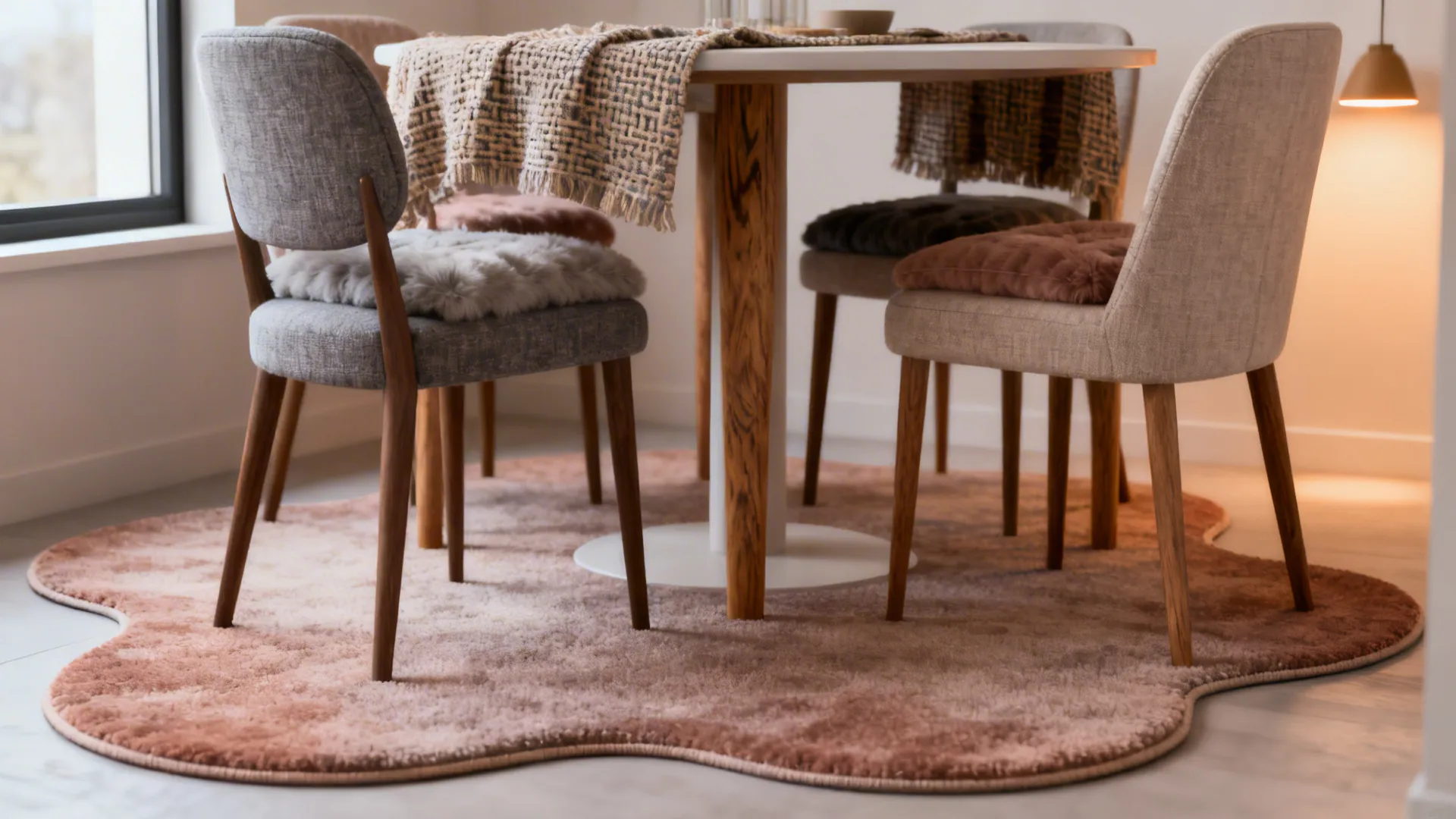 Soft pink irregular shaped furry rug placed under a white dining table with four chairs