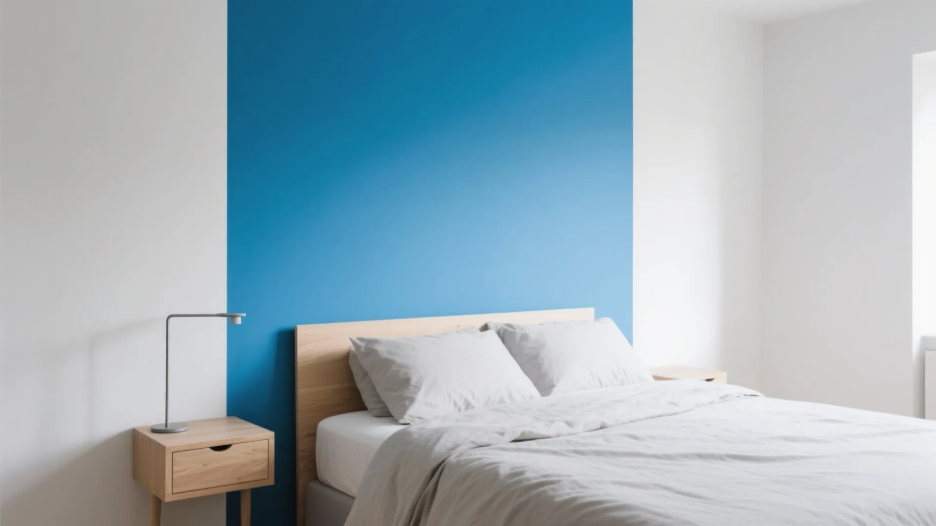 Minimalist bedroom featuring blue accent wall light wood bed white bedding and simple desk lamp