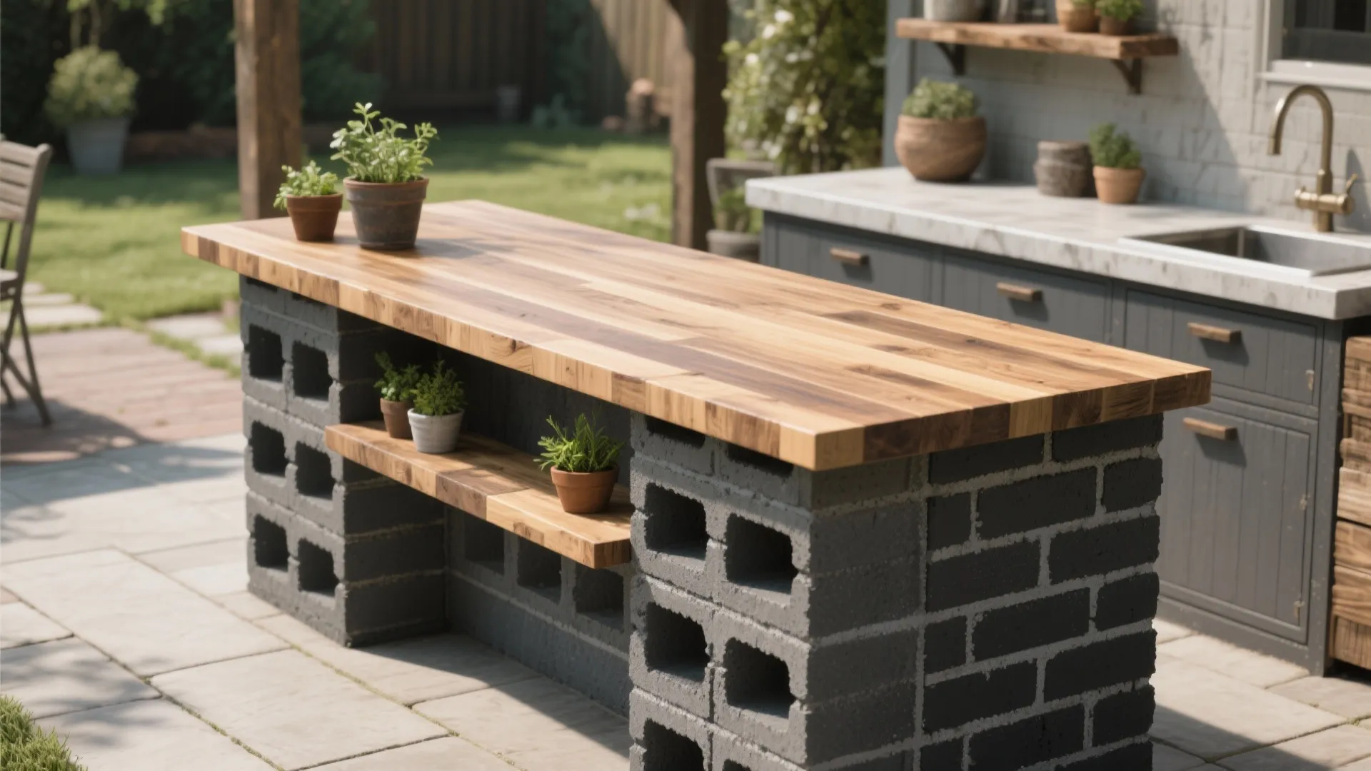 Outdoor kitchen island built from grey concrete blocks with a smooth wood countertop and plants