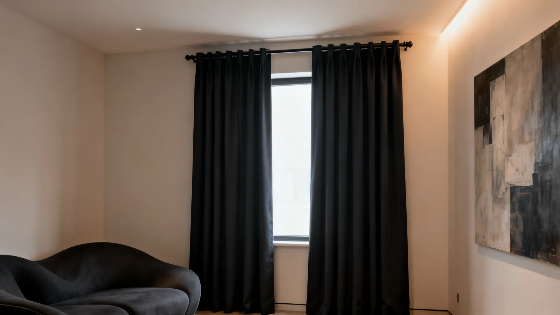 Minimalist living room with matte block-color curtain panels mounted high to enlarge the window