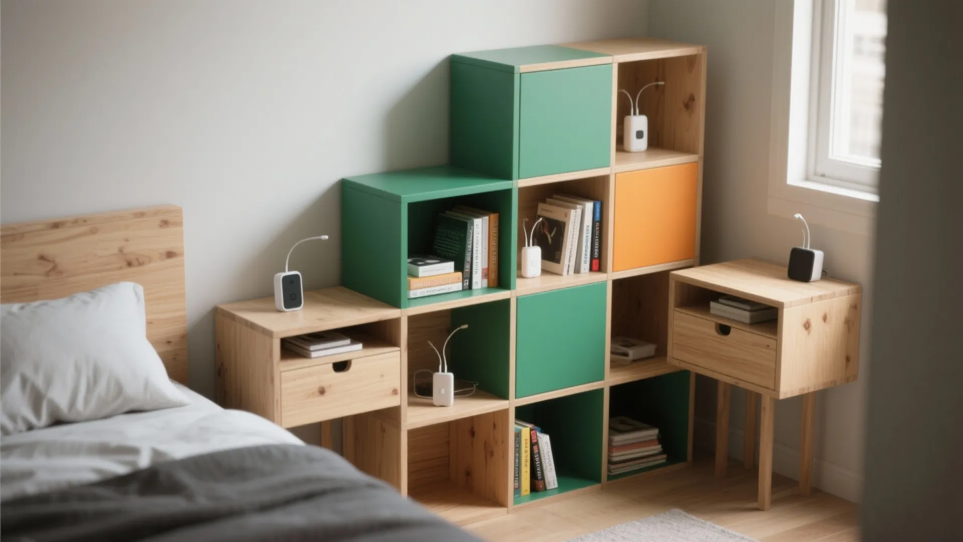 Modern bedroom featuring modular green and orange storage cubes used as a cabinet and nightstand
