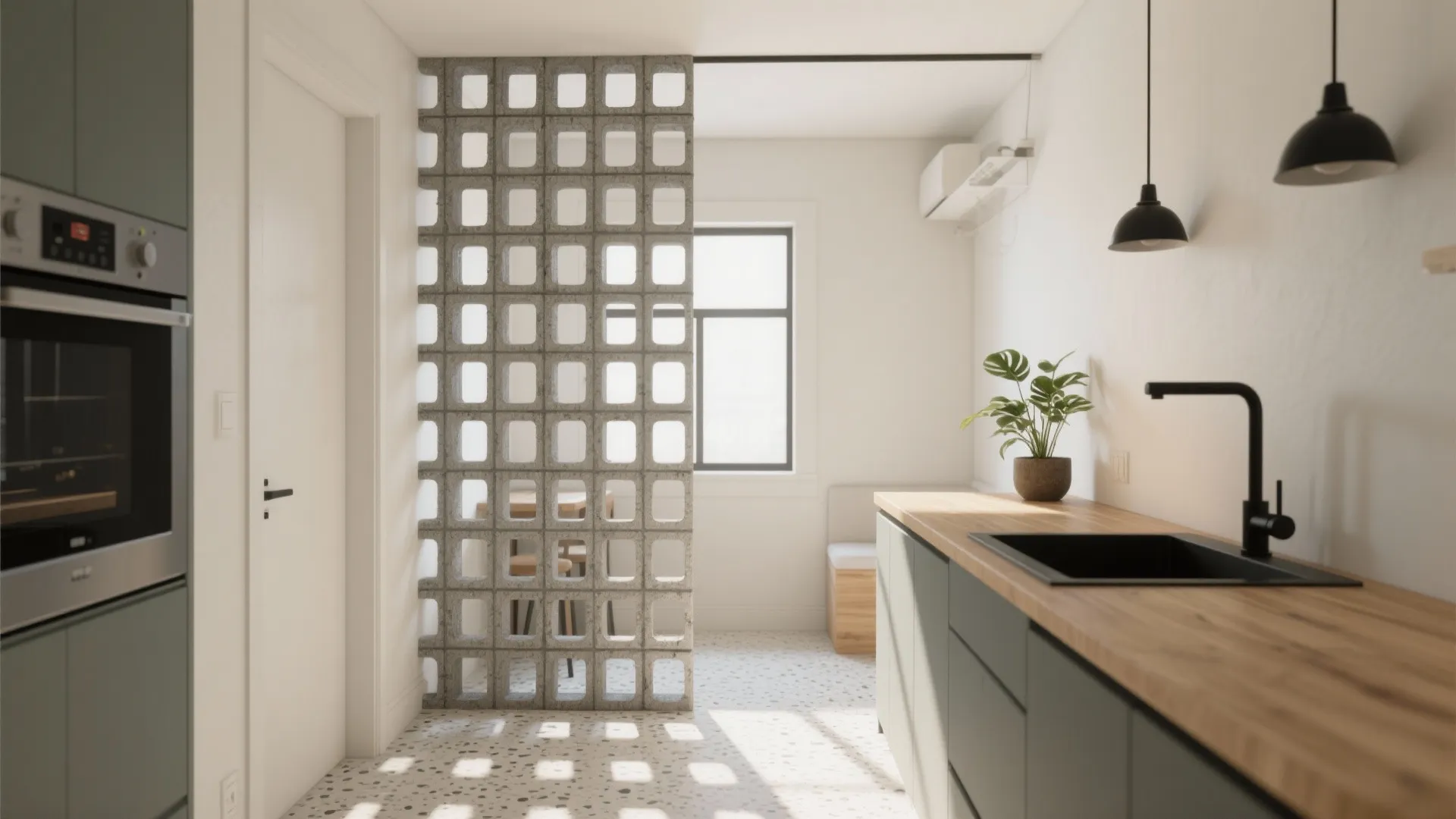 Modern kitchen with wood countertop green cabinets a decorative block wall divider and black sink