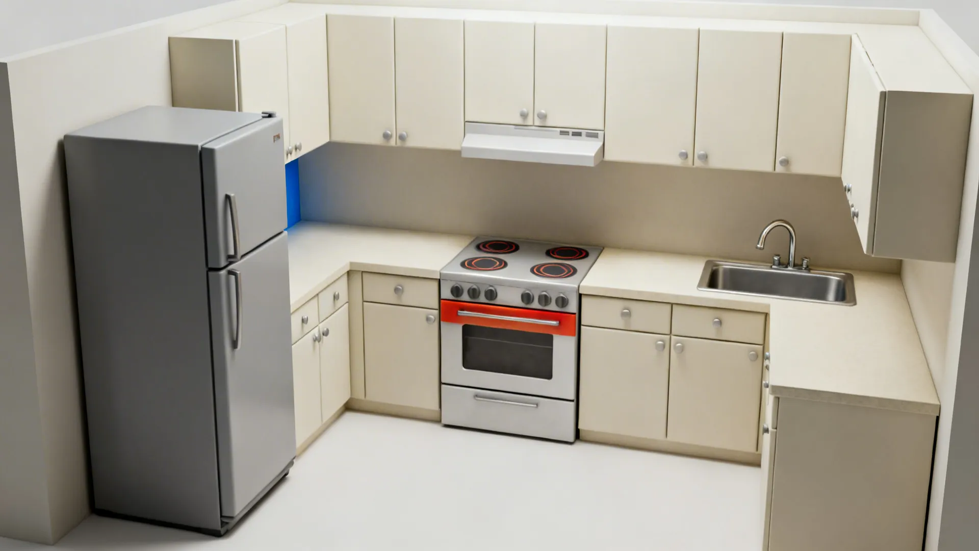 Simple front-view kitchen showing tall fridge, stove, and sink as clean rectangular blocks.