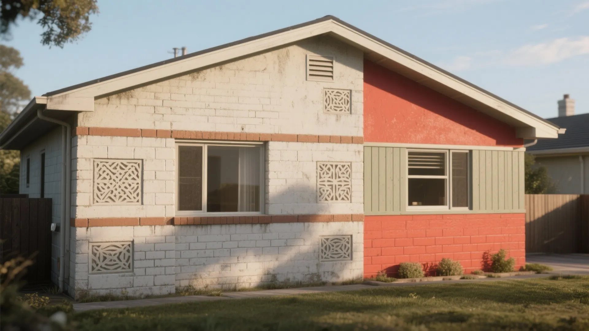 Exterior view of a small house showing white and red painted brick walls and windows