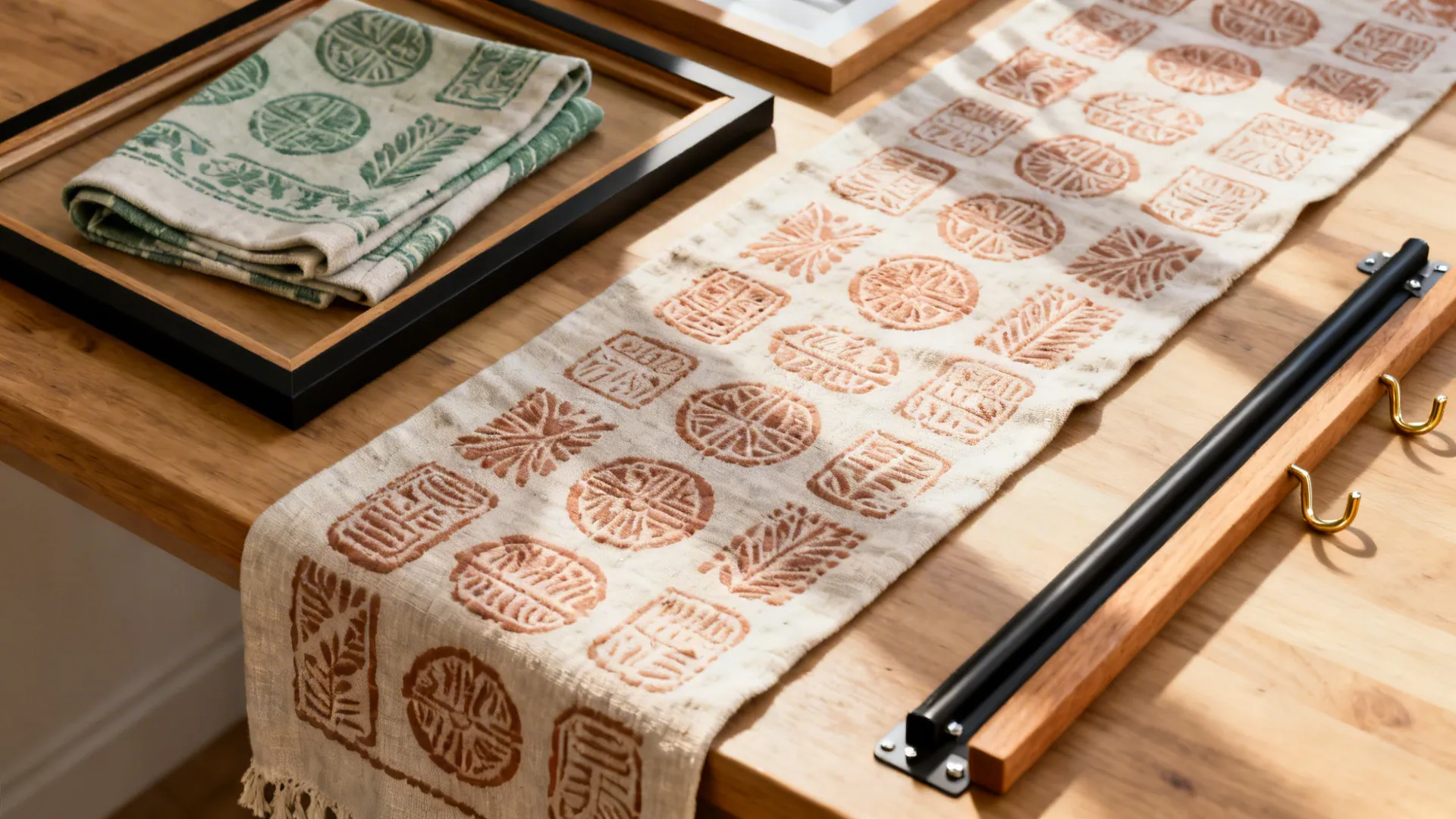 Close up of patterned fabric runner on wooden table with green cloth and wall hooks
