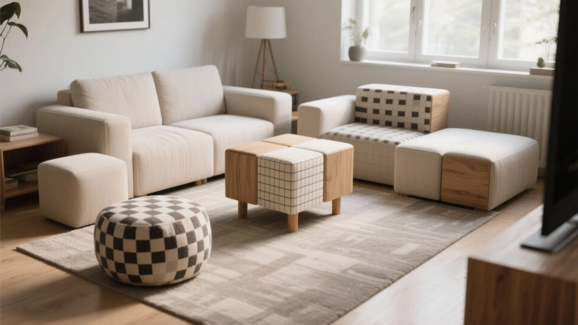 Modern living room with a beige sofa and several patterned footrest seats on a rug
