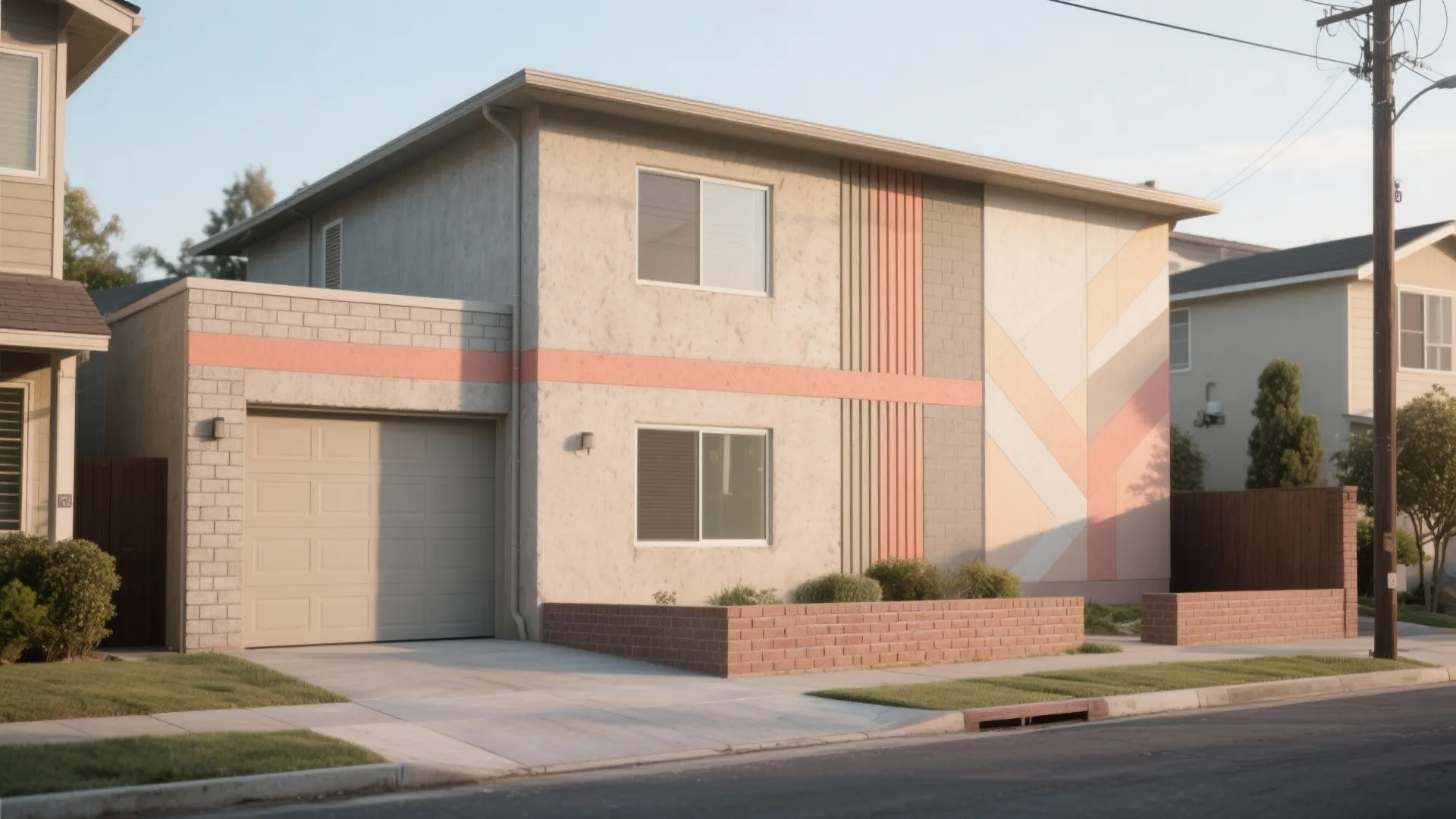 Modern two story house with pink decorative wall patterns a grey garage and small front wall
