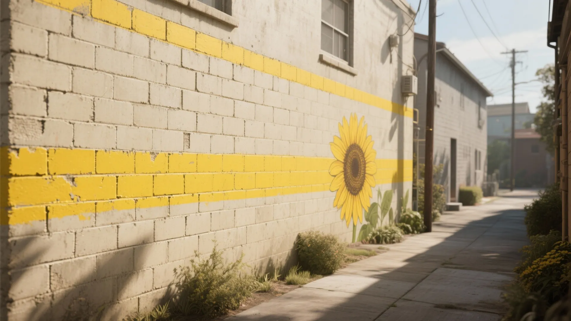 Exterior white brick wall with yellow stripes and a large sunflower mural in an alleyway