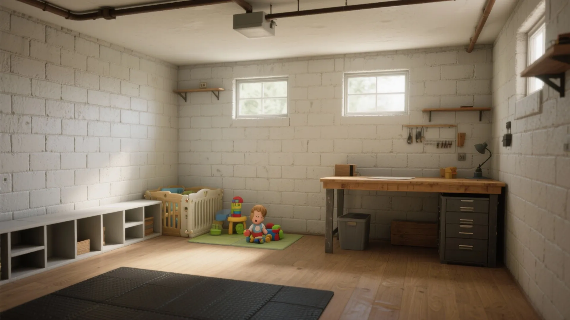 Basement room with white brick walls wooden workbench child play area toys and small windows