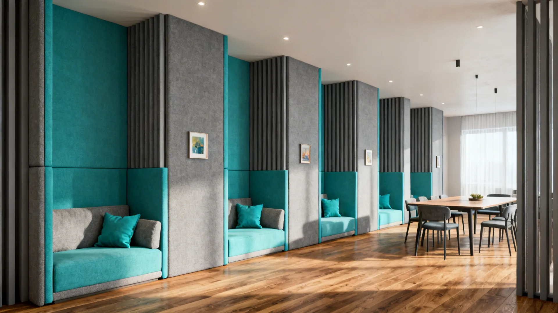 Open-plan space using alternating teal and gray panels to define living and dining zones.