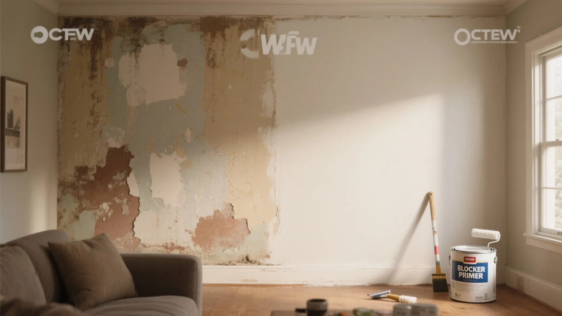 Before-and-after comparison showing old peeling wall versus clean white wall with paint can and tools