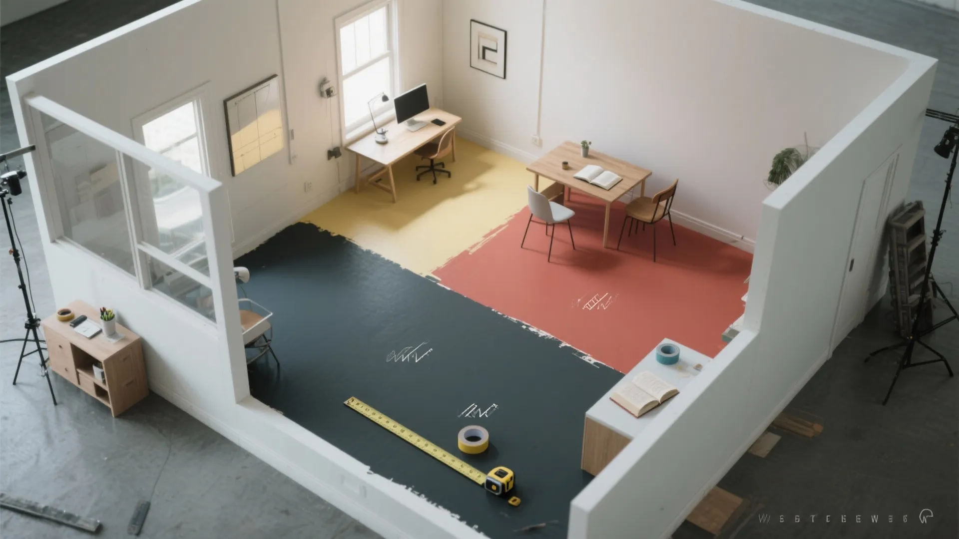 Interior design drawing showing a room layout with color blocked floor sections and office furniture