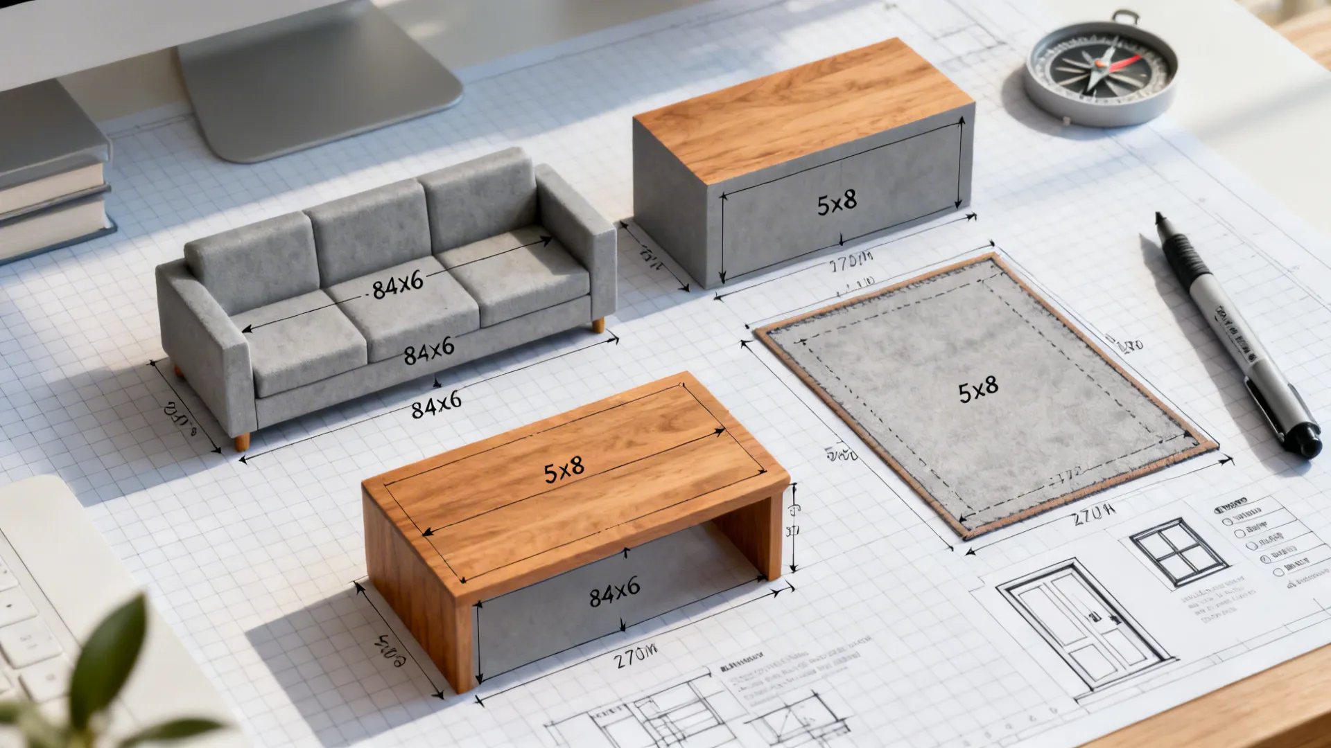 Top-down graph paper plan with sofa, rug, and coffee table drawn as labeled rectangular blocks with dimensions.