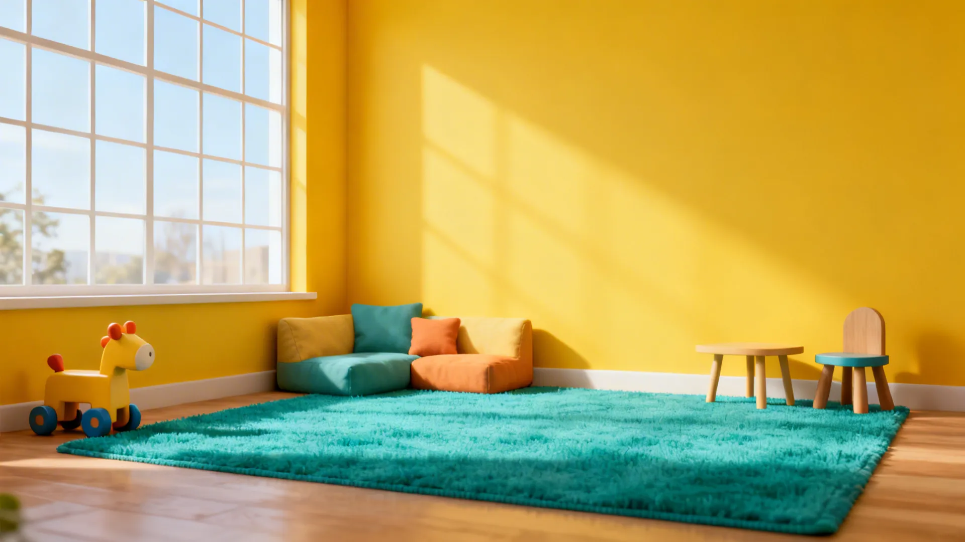 Living room with a saturated yellow feature wall and teal rug creating distinct color zones.