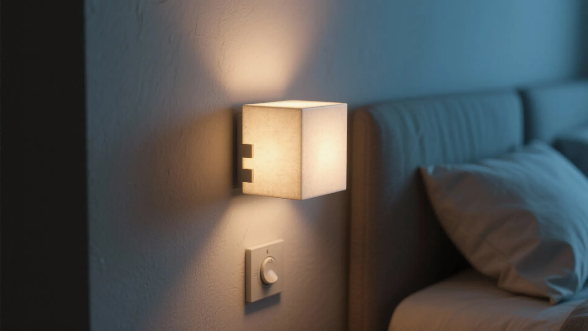 Close-up of a matte cube wall sconce with warm LED light and dimmer