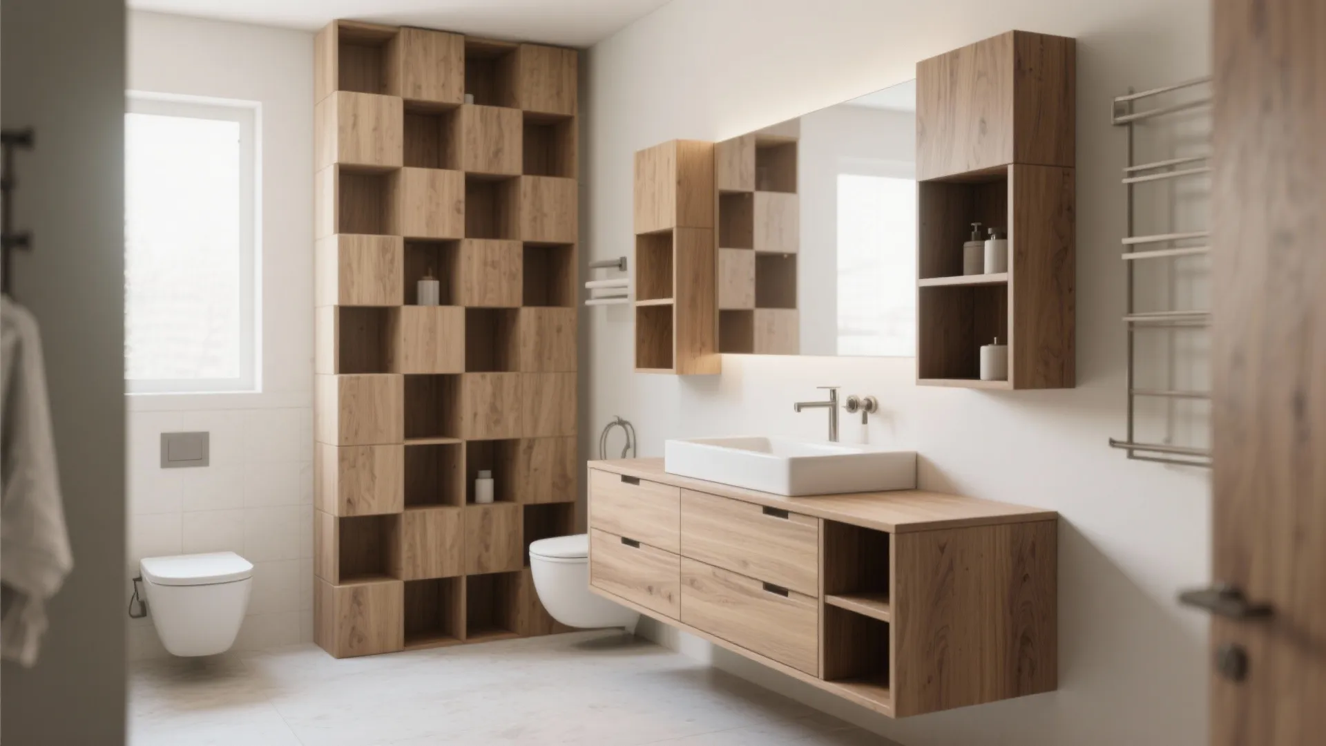Minimalist bathroom interior design with wooden storage shelves large mirror white sink and hanging wood cabinet