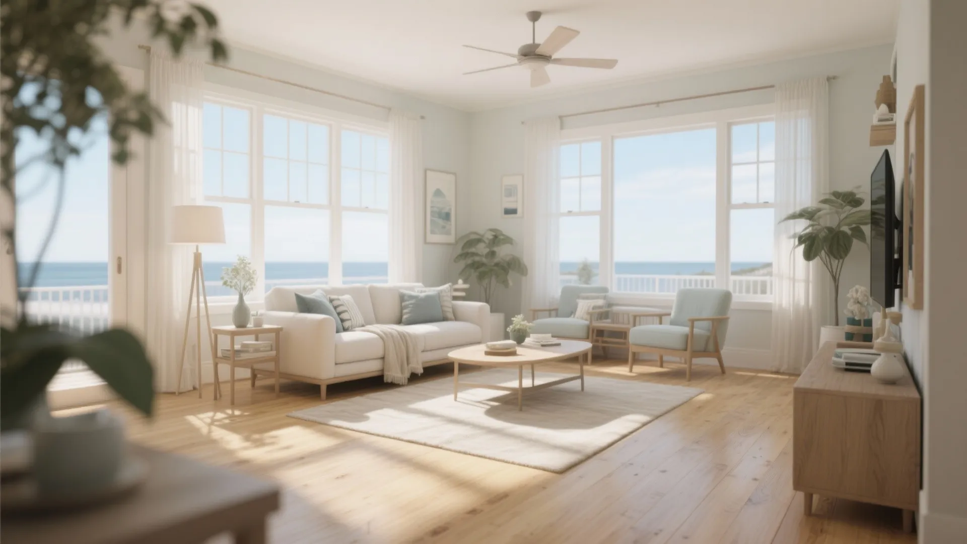 Bright coastal living room with blonde maple hardwood flooring