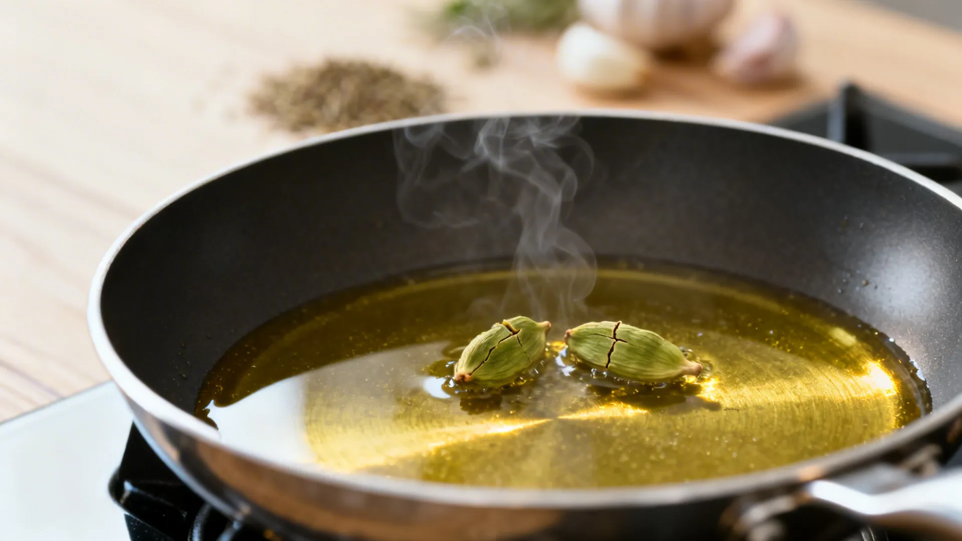 Macro of green cardamom pods blooming in ghee in a shallow pan over gentle heat.
