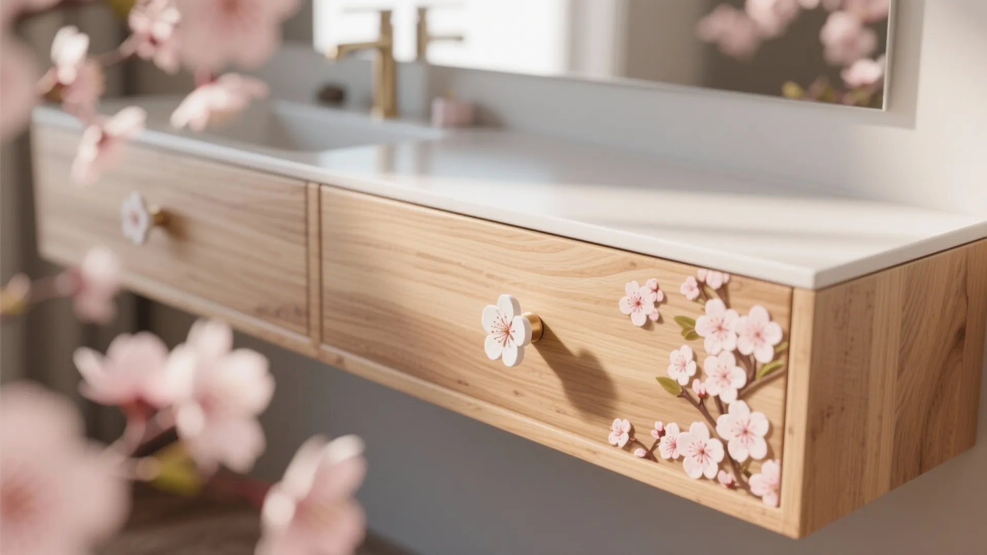 2. Minimalist Vanity with Blossom Accents
