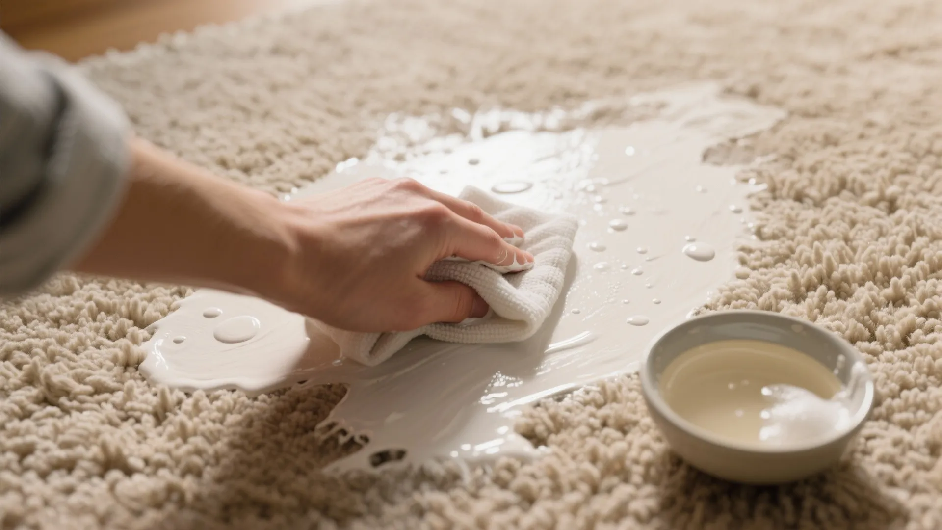 Close-up of blotting wet latex paint from beige carpet with a white cloth and soapy water.