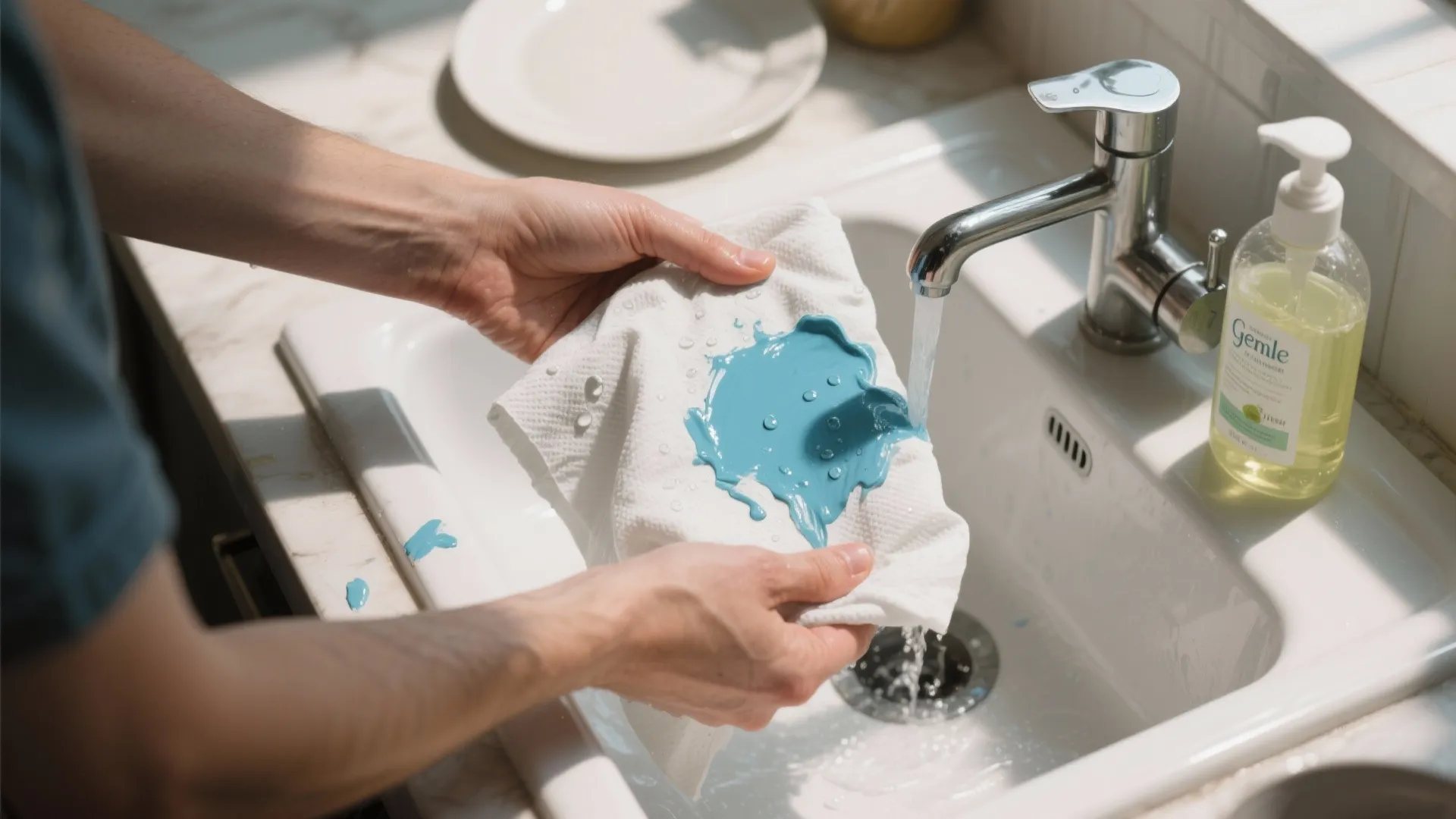 Hands rinsing blue paint stain from white cloth under running water in white bathroom sink area